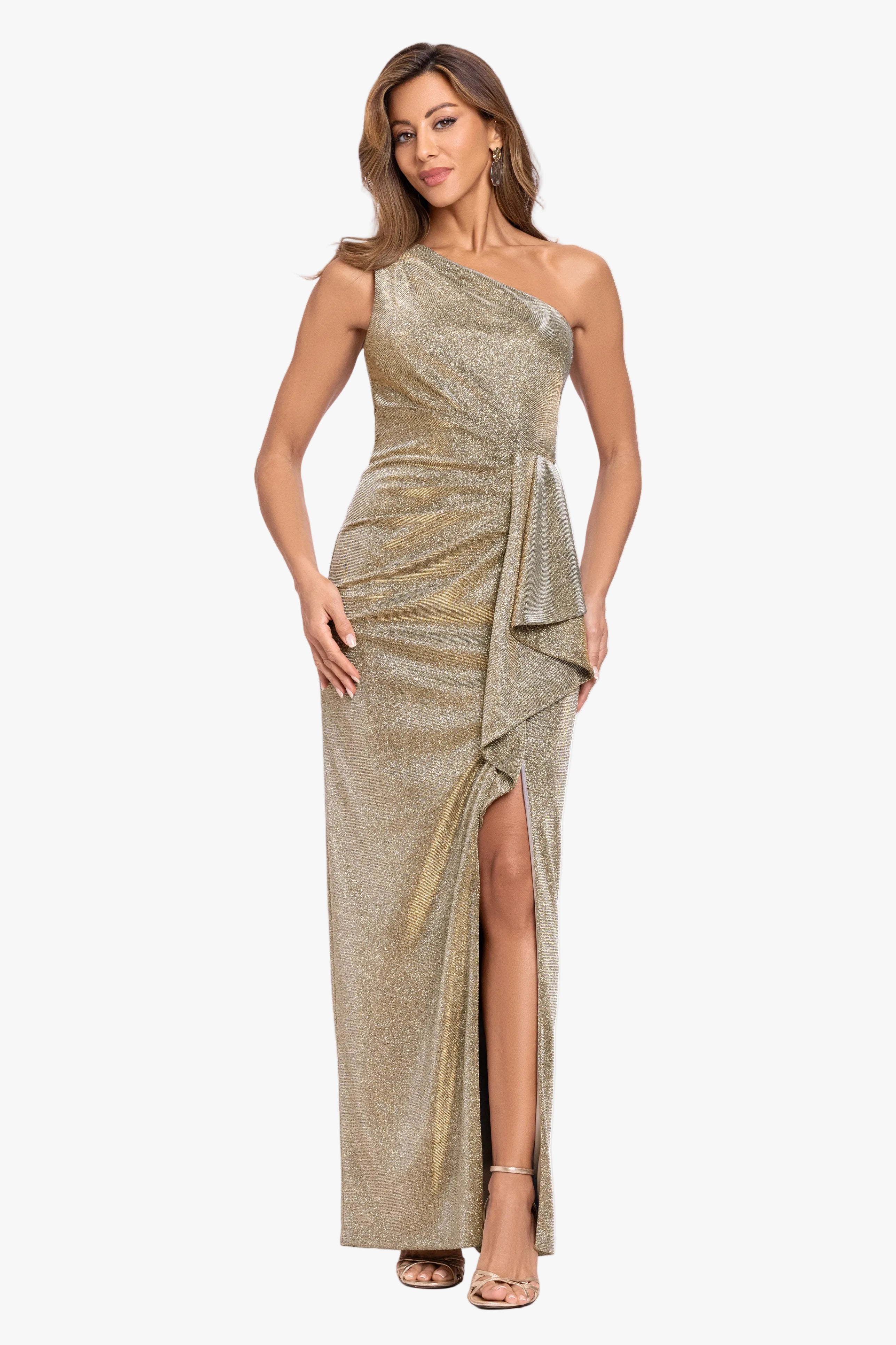 "Misha" Glitter Knit One Shoulder Side Ruffle Dress