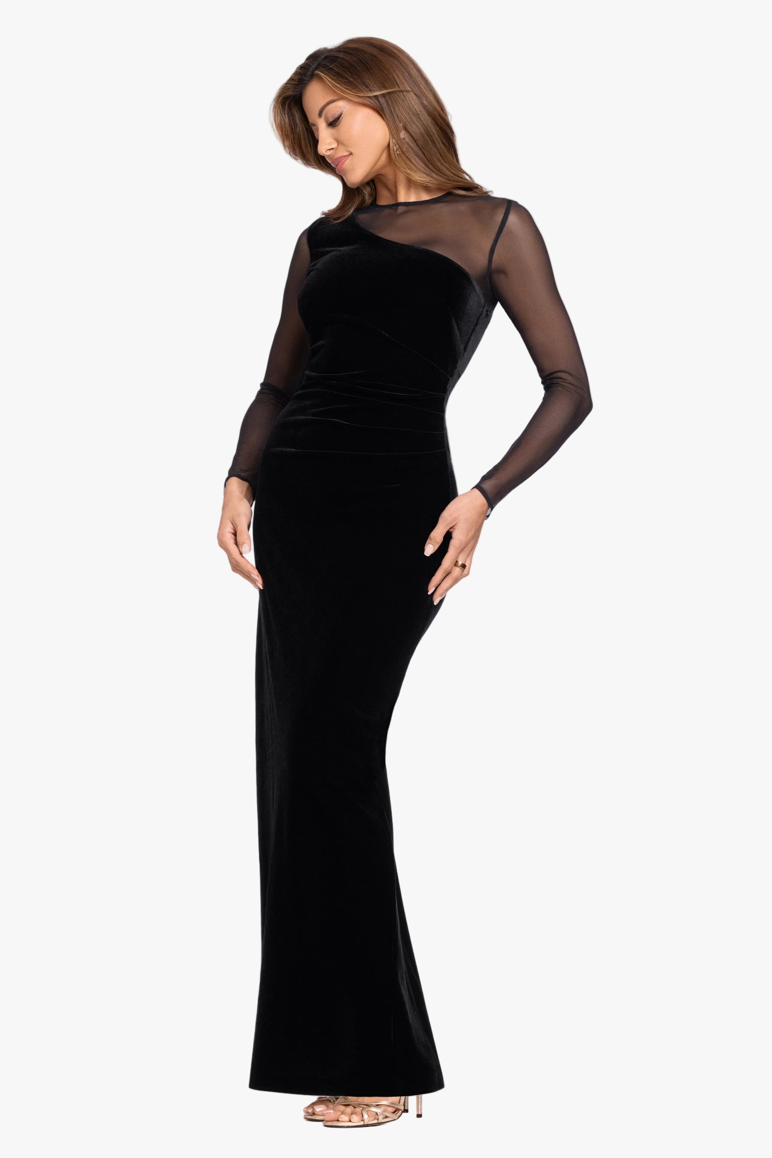 "Alison" Velvet Mesh Long Sleeve Dress