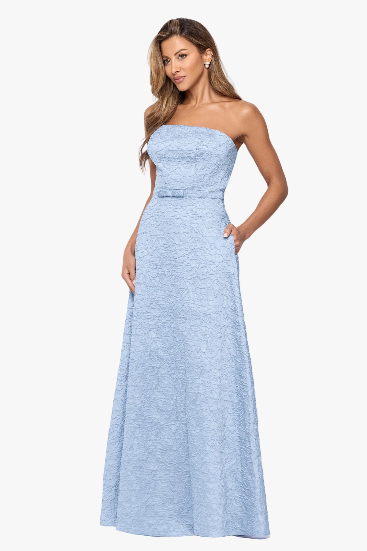 Petite "Sutton" Jacquard Strapless Gown
