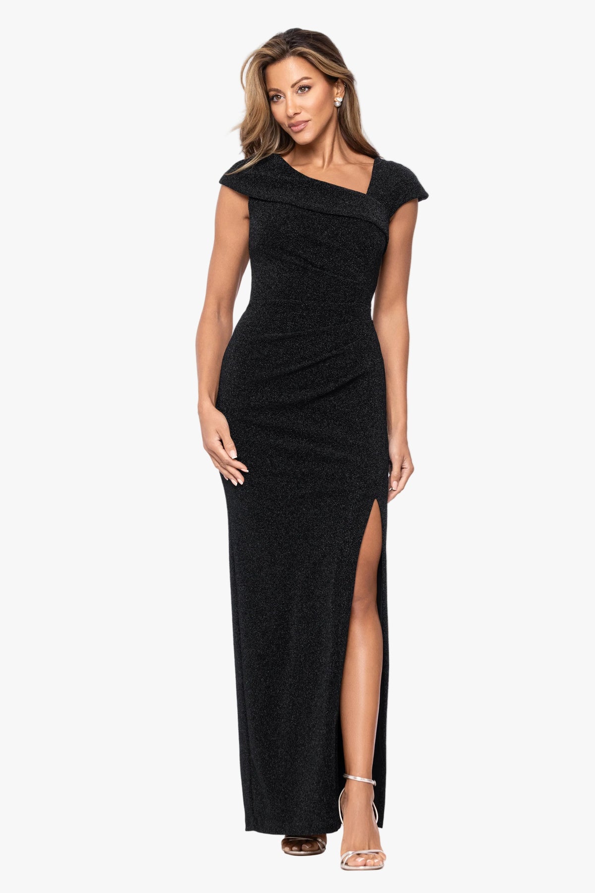 "Leon" Metallic Knit Cap Sleeve Asymmetrical Dress