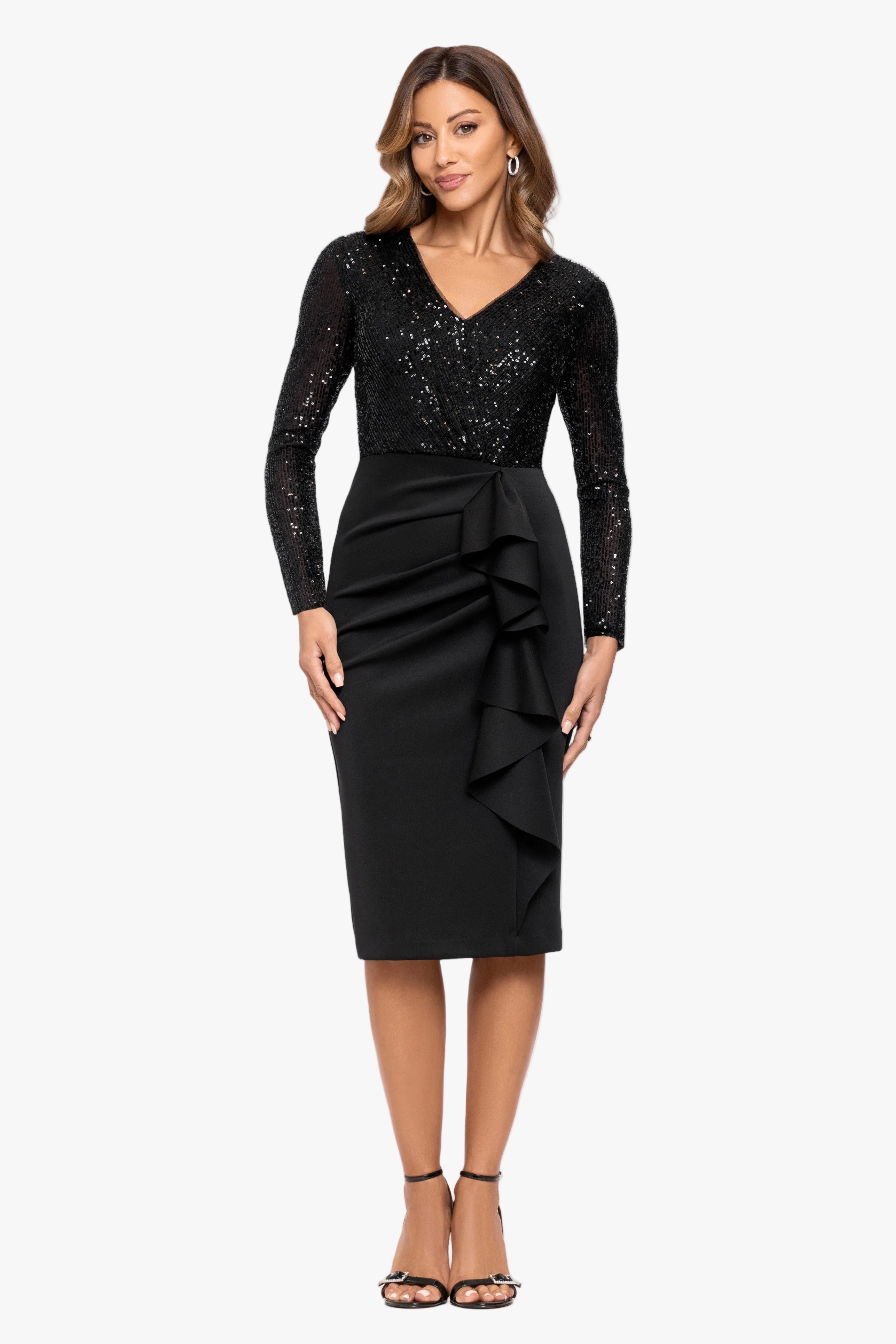 "Libby" Sequin Long Sleeve Top & Scuba Crepe Skirt Midi Dress
