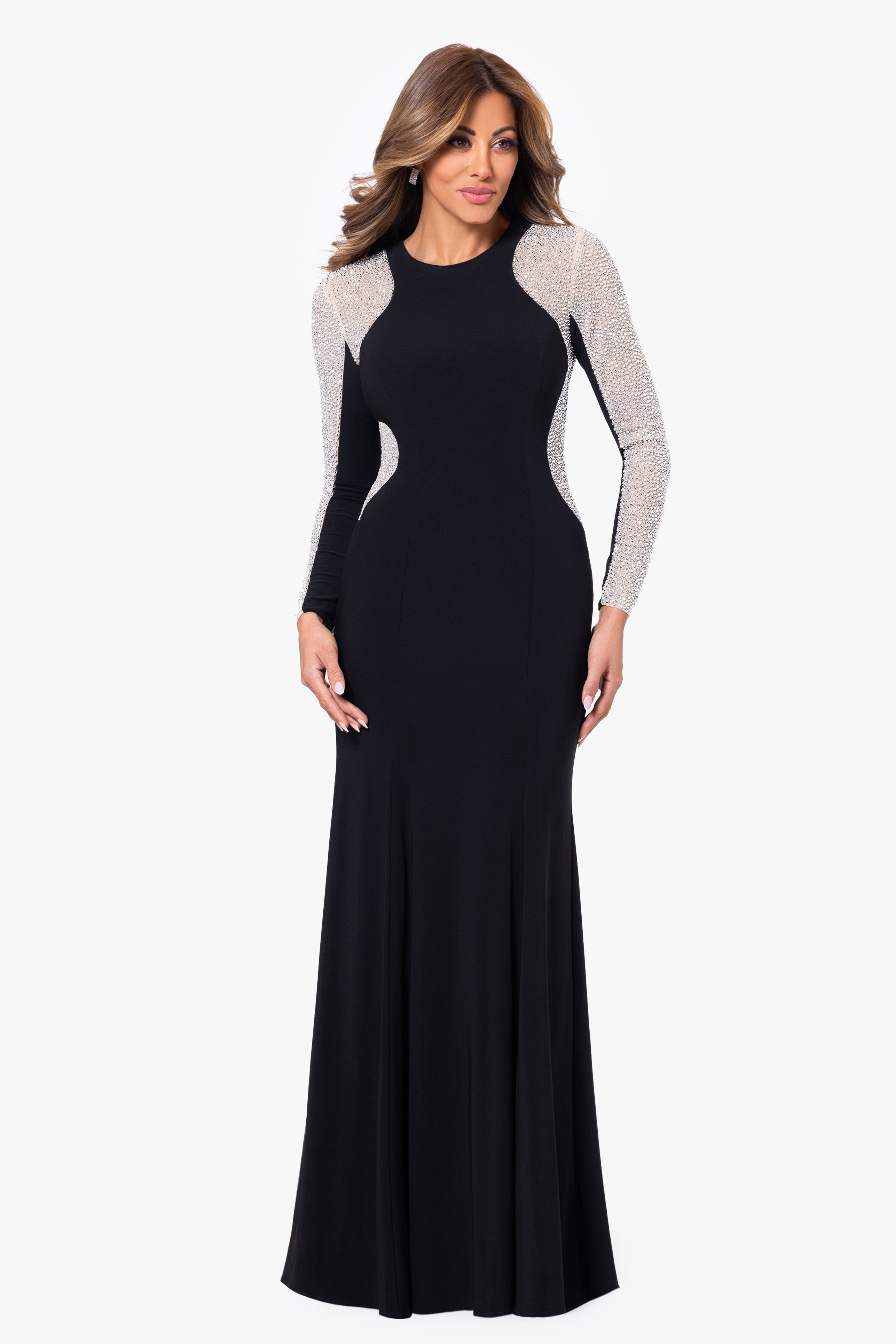 "Georgia" Long Beaded Sleeve Stretch Knit Gown