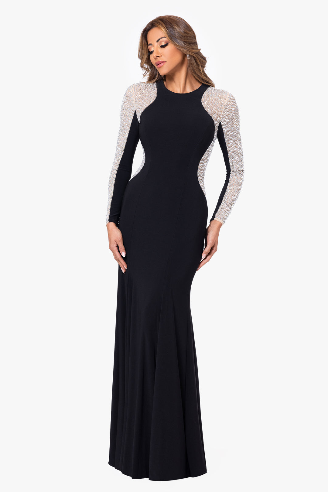 "Georgia" Long Beaded Sleeve Stretch Knit Gown