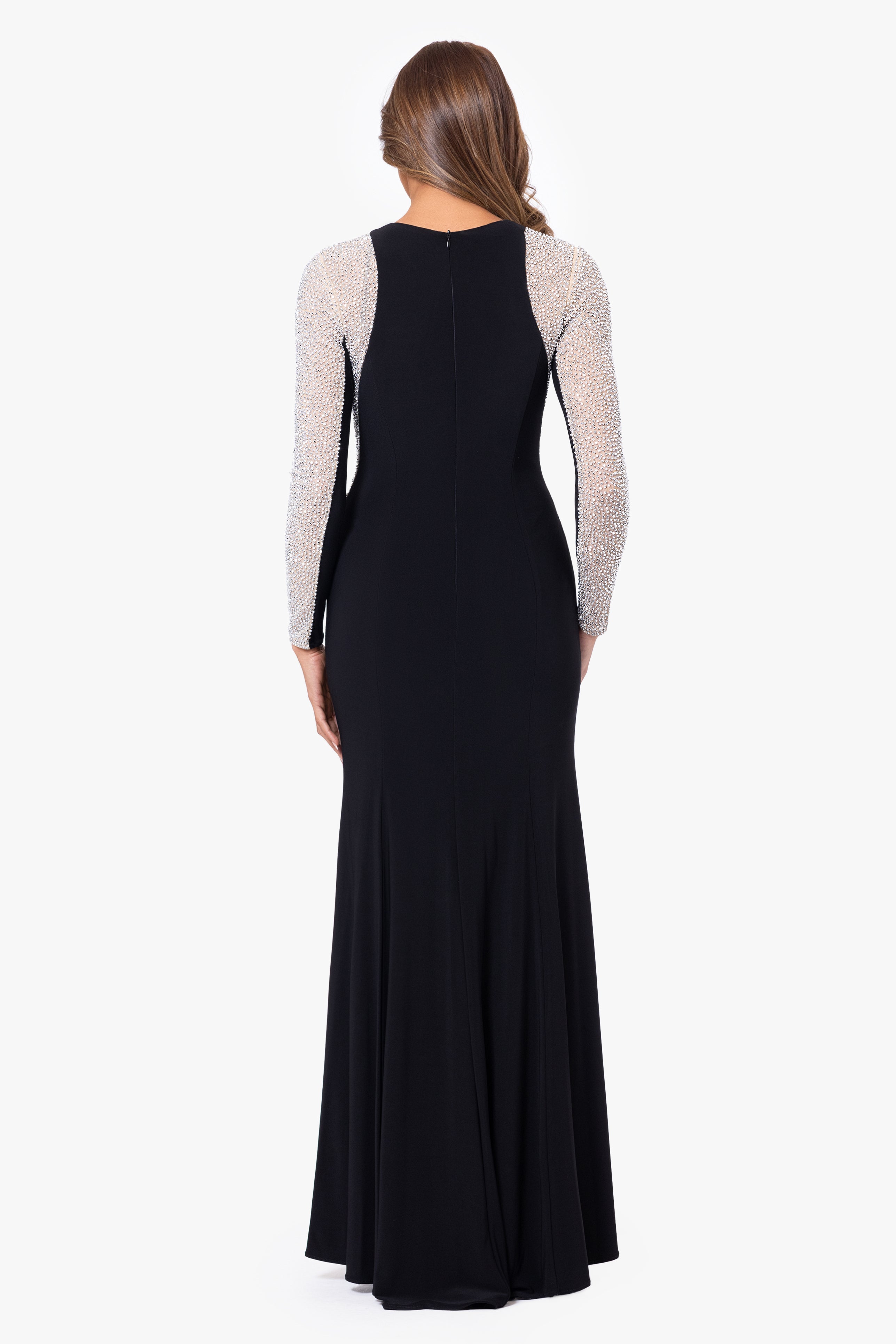 "Georgia" Long Beaded Sleeve Stretch Knit Gown