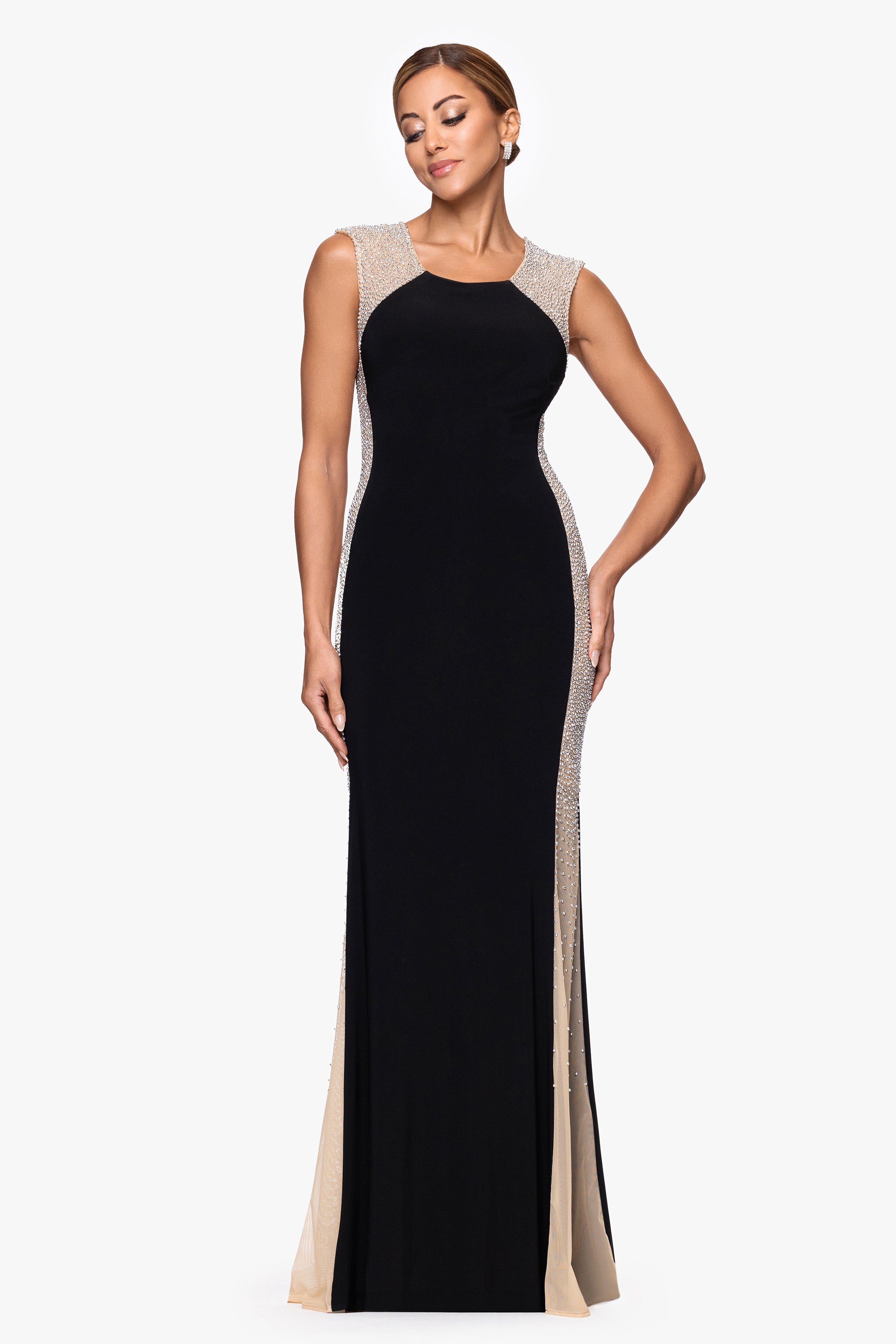 "Madison" Long Jersey Knit Caviar Beaded Sides Dress