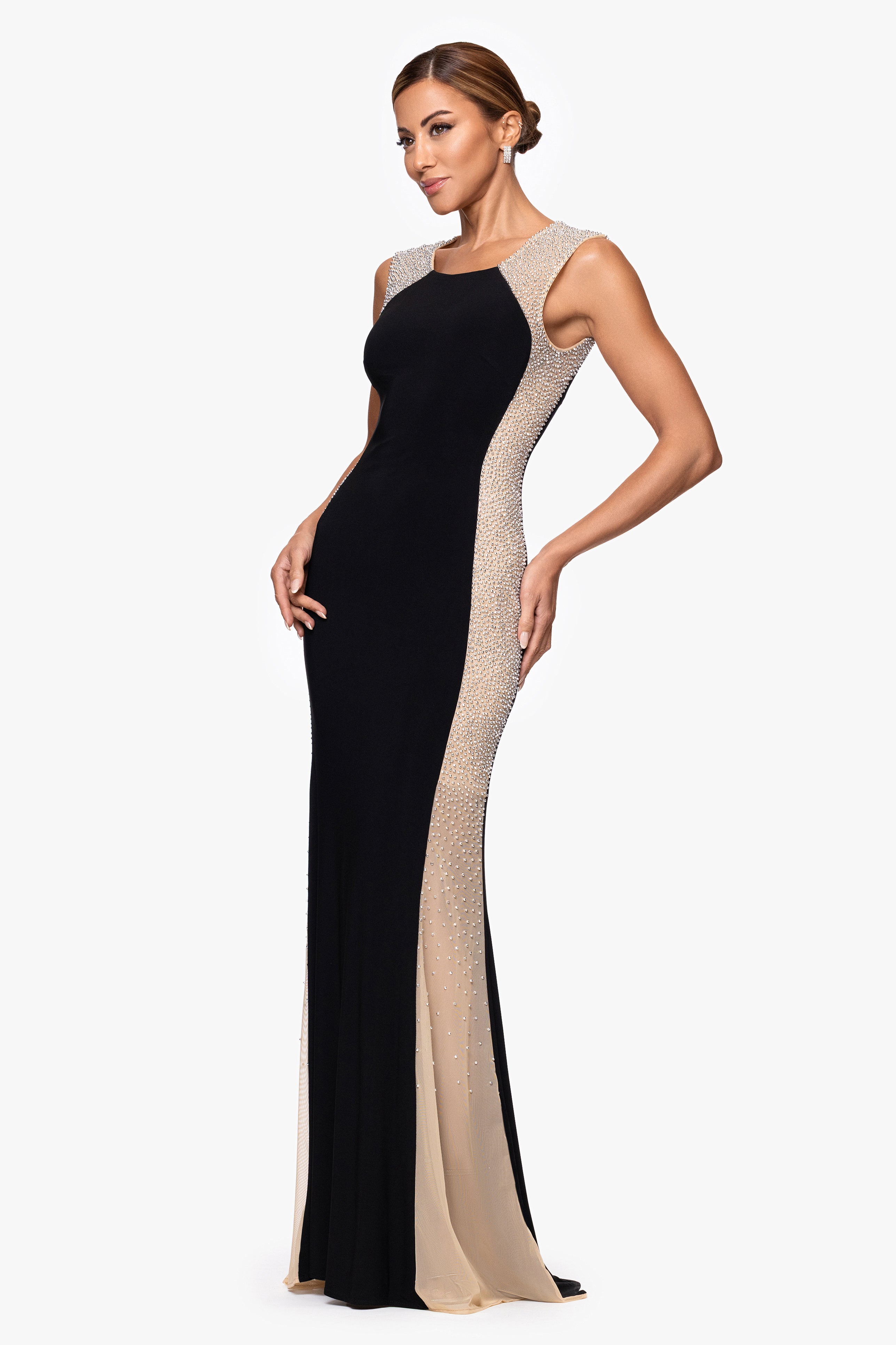 "Madison" Long Jersey Knit Caviar Beaded Sides Dress