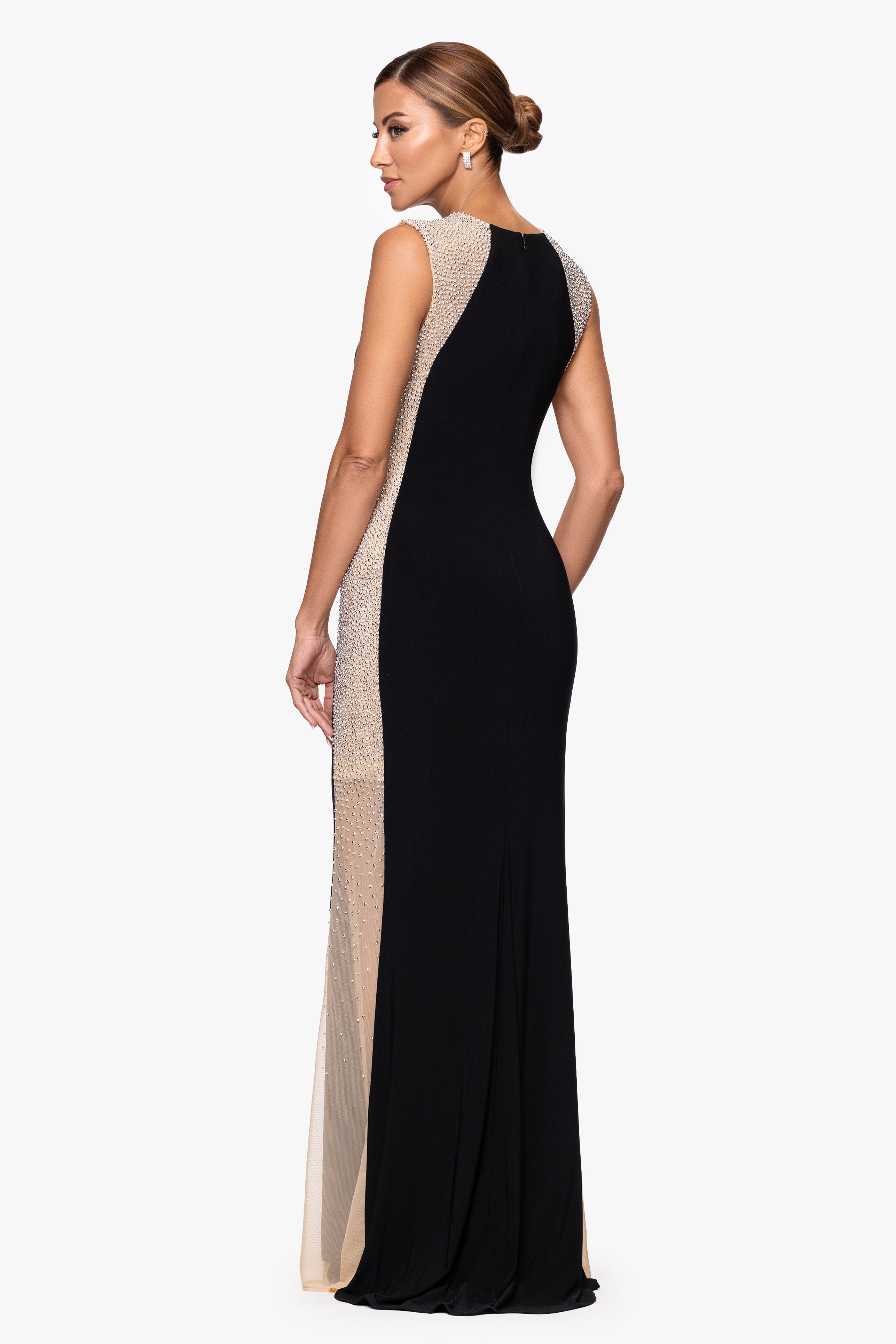 "Madison" Long Jersey Knit Caviar Beaded Sides Dress