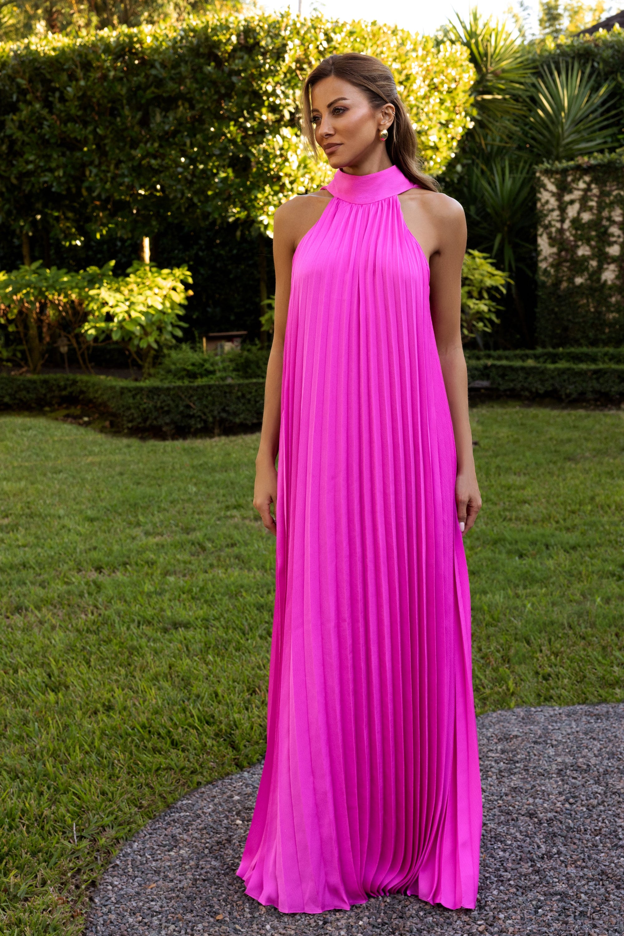 "Klaudine" Satin Mock Neck Floor Length Dress