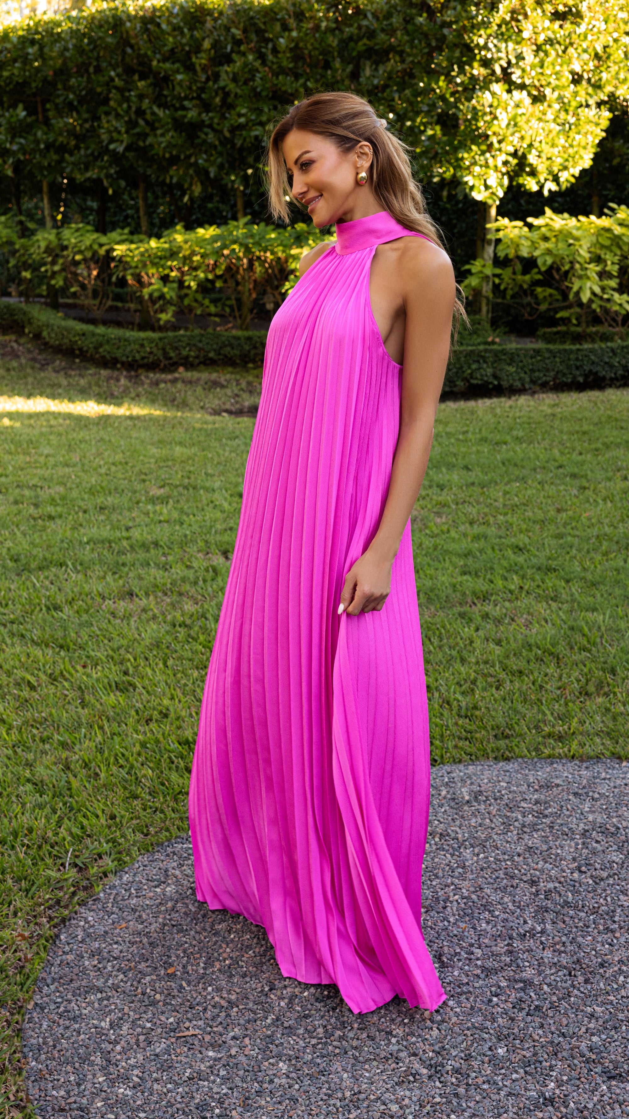"Klaudine" Satin Mock Neck Floor Length Dress