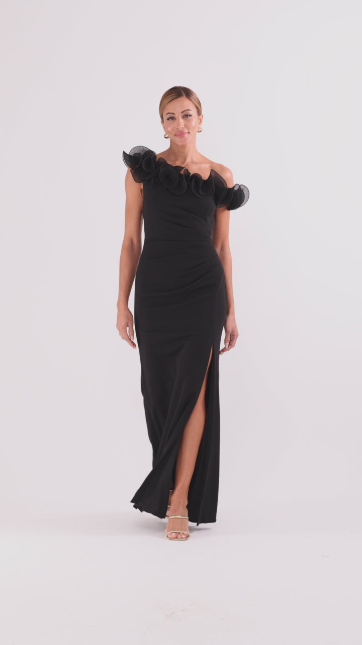 Xscape Evenings "Delilah" Scuba Crepe Drop Shoulder Chiffon Ruffle Floor Length Dress