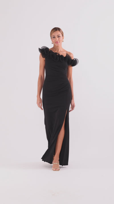 Xscape Evenings "Delilah" Scuba Crepe Drop Shoulder Chiffon Ruffle Floor Length Dress