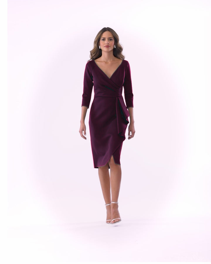 "Angeline" Knee Length Scuba V-Neck Ruffle Dress