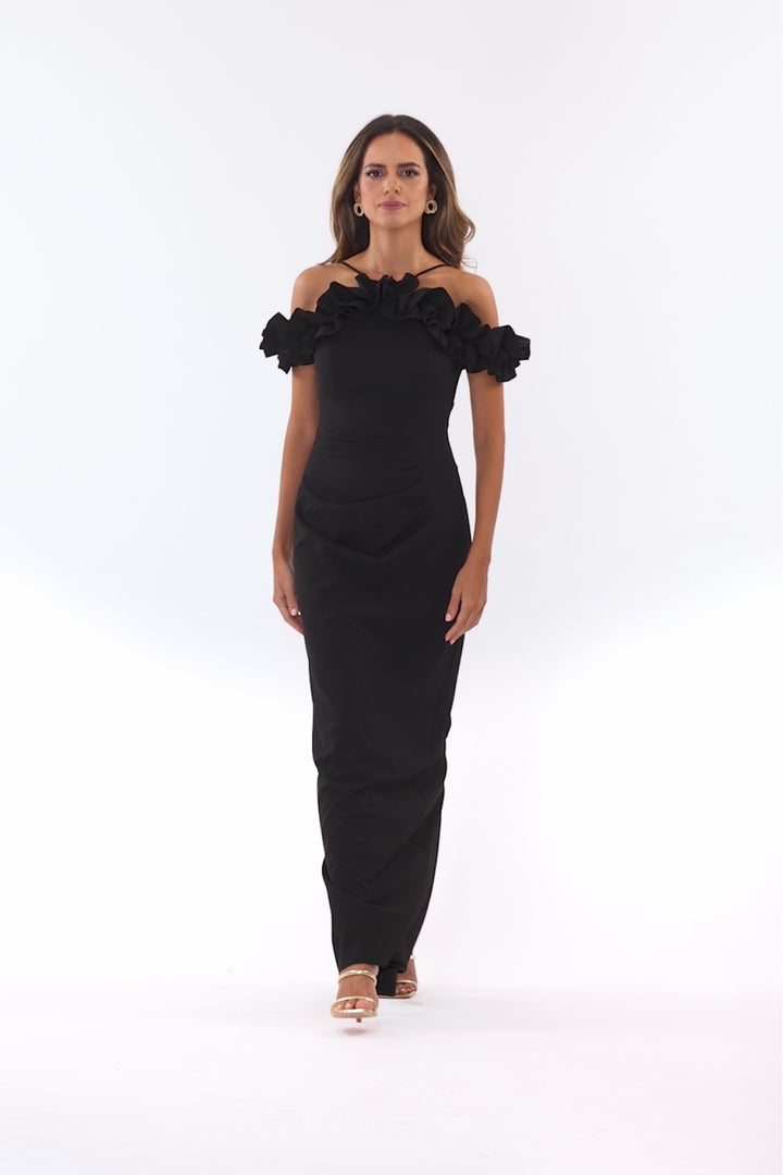 "Tyla" Scuba Crepe Ruffle Top Floor Length Dress