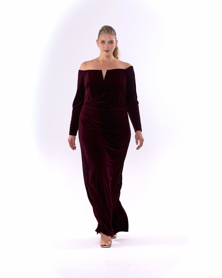 Plus "Christy" Long Off the Shoulder Velvet Dress