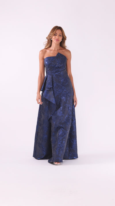 Xscape Evenings "Emelia" Brocade Strapless Ruffle Floor Length Dress