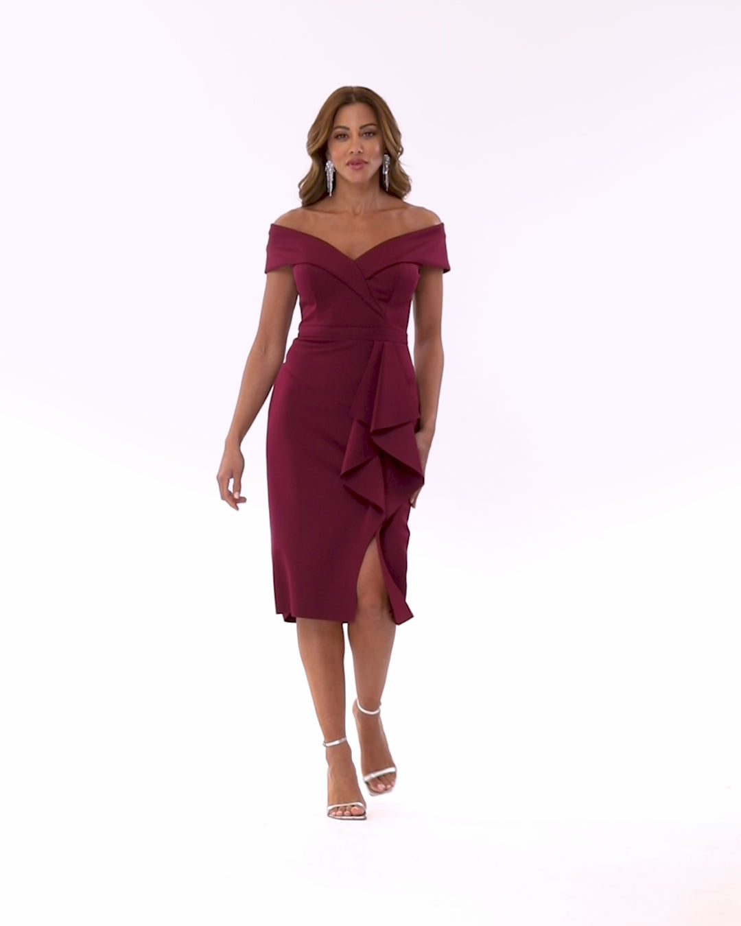 "Tisha" Knee Length Scuba Off the Shoulder Ruffle Dress