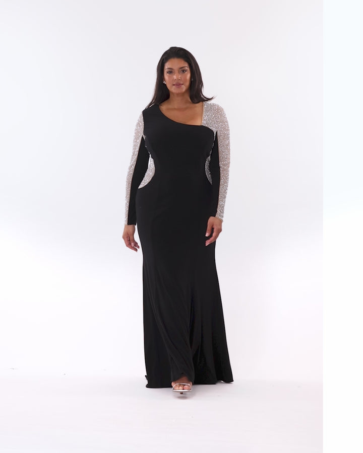 Plus "Anja" Long Jersey Knit Asymmetric Caviar Beaded Dress