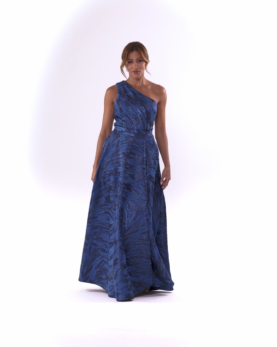 "Heather" Long Brocade One-Shoulder Ballgown