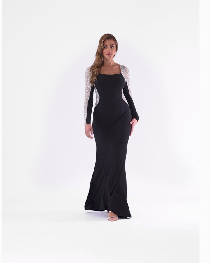 "Justina" Long Jersey Knit Caviar Beaded Long Sleeve Scoop Neck Dress