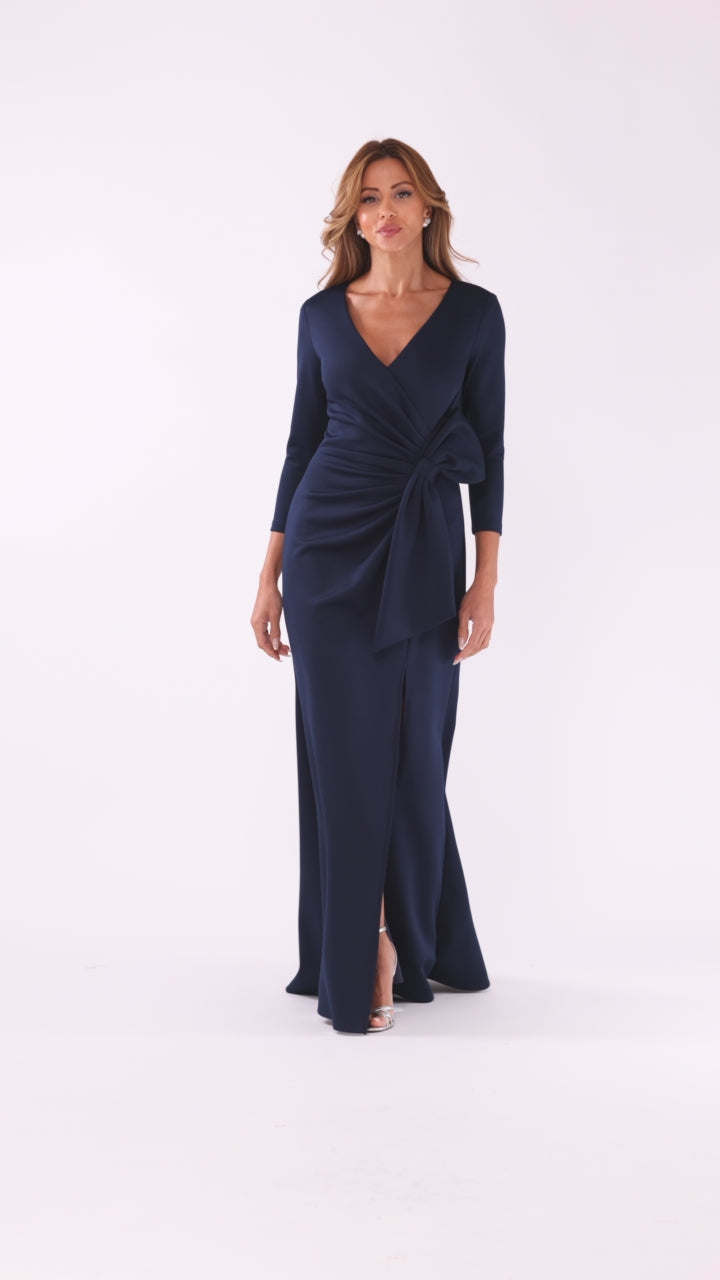 Xscape Evenings "Charlotte" Techno Scuba Long Sleeve Bow Floor Length Dress