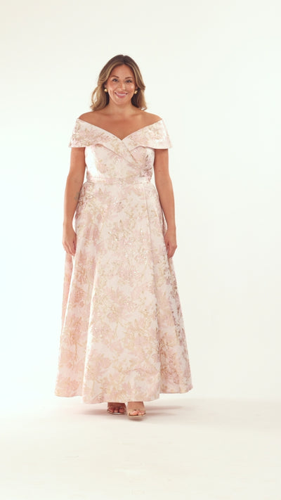 Xscape Evenings Plus "Melissa" Brocade Off the Should V-Neck Ballgown