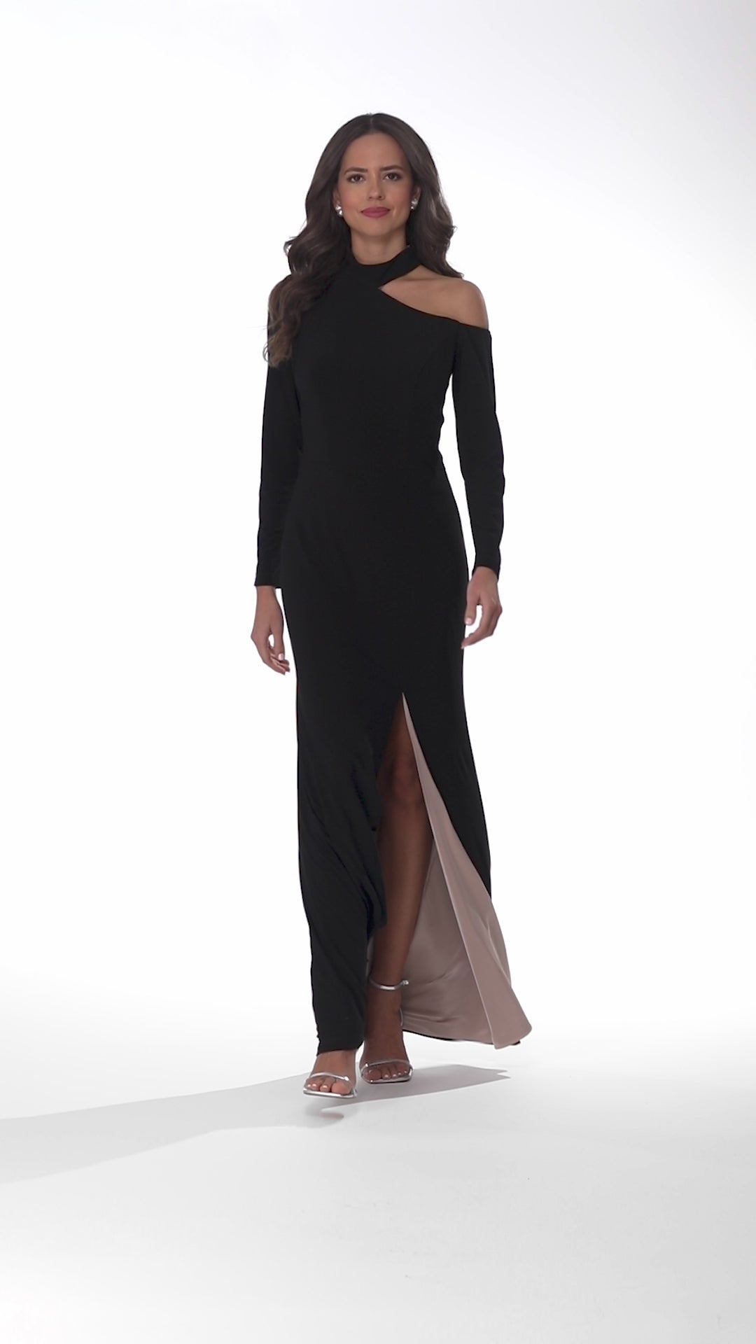 Petite "Aletta" Jersey Knit Long Sleeve One Shoulder Cut Out Long Dress