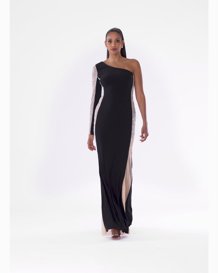 "Dorthey" Long Caviar Beaded Jersey Knit One Shoulder Long Sleeve Dress