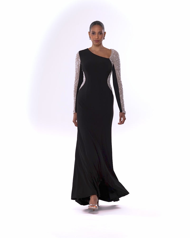 "Anja" Long Jersey Knit Asymmetric Caviar Beaded Dress