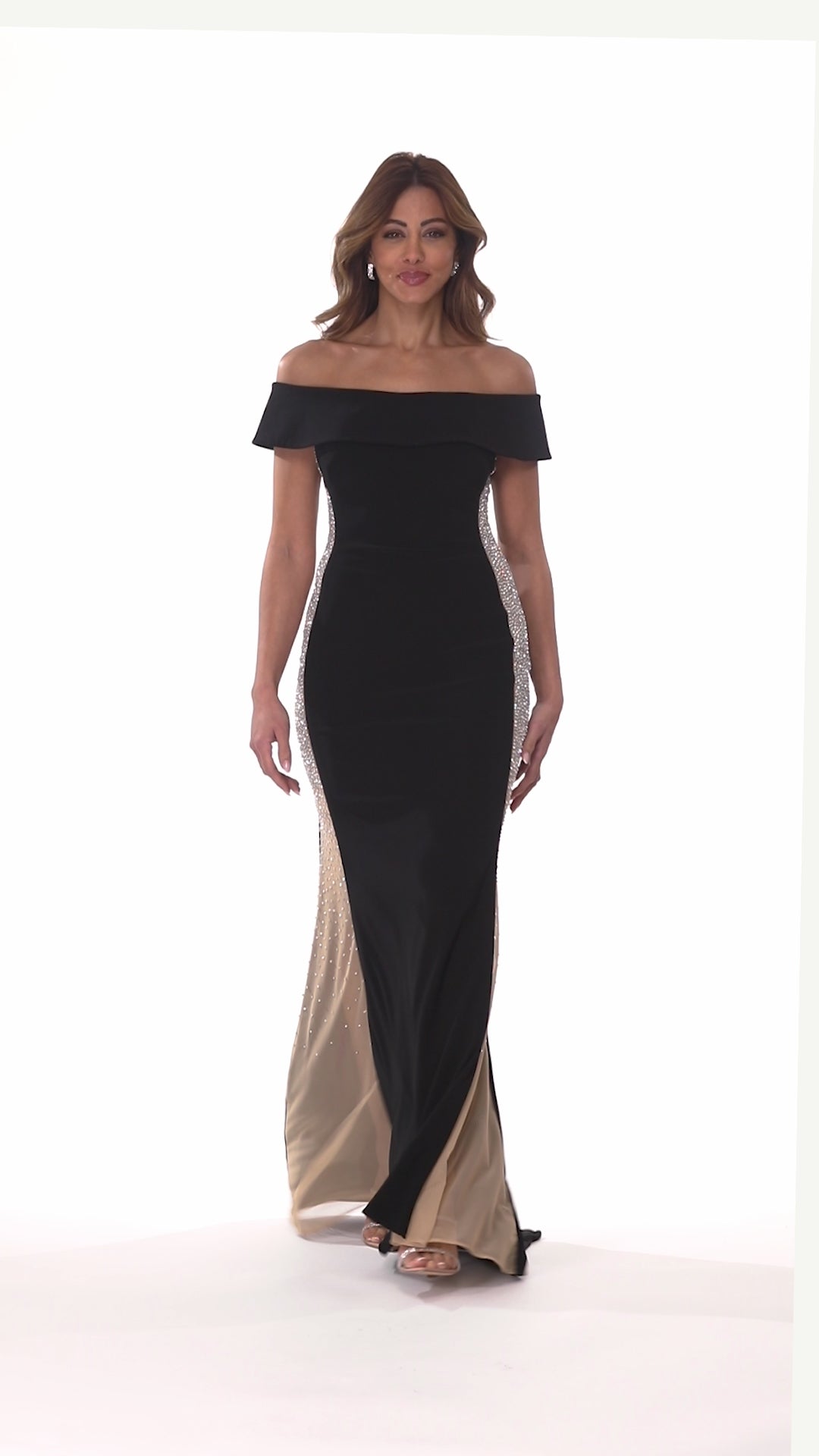 Petite "Brianna" Off the Shoulder Jersey Knit Caviar Beaded Gown