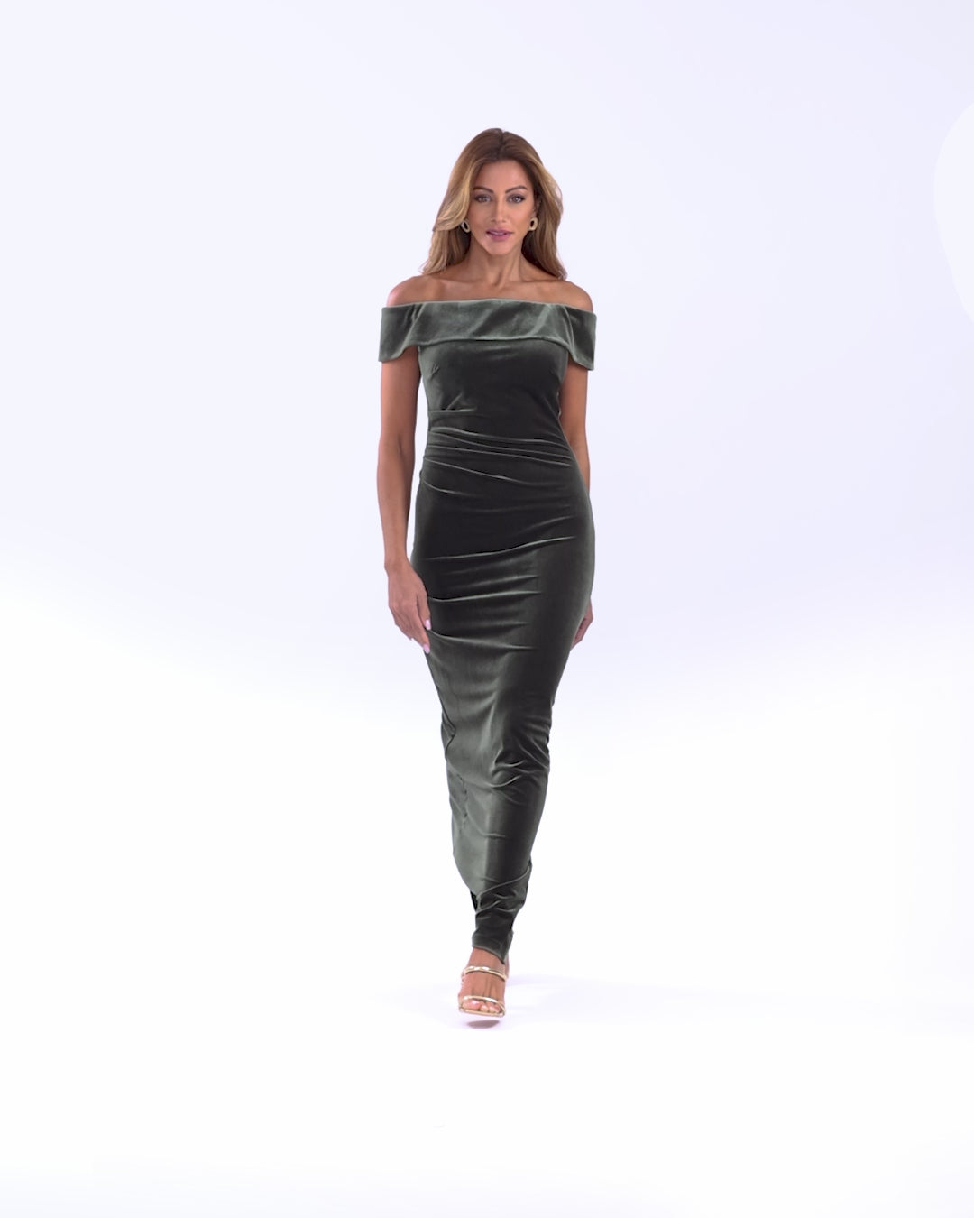 "Lori" Off The Shoulder Long Ruched Velvet Dress