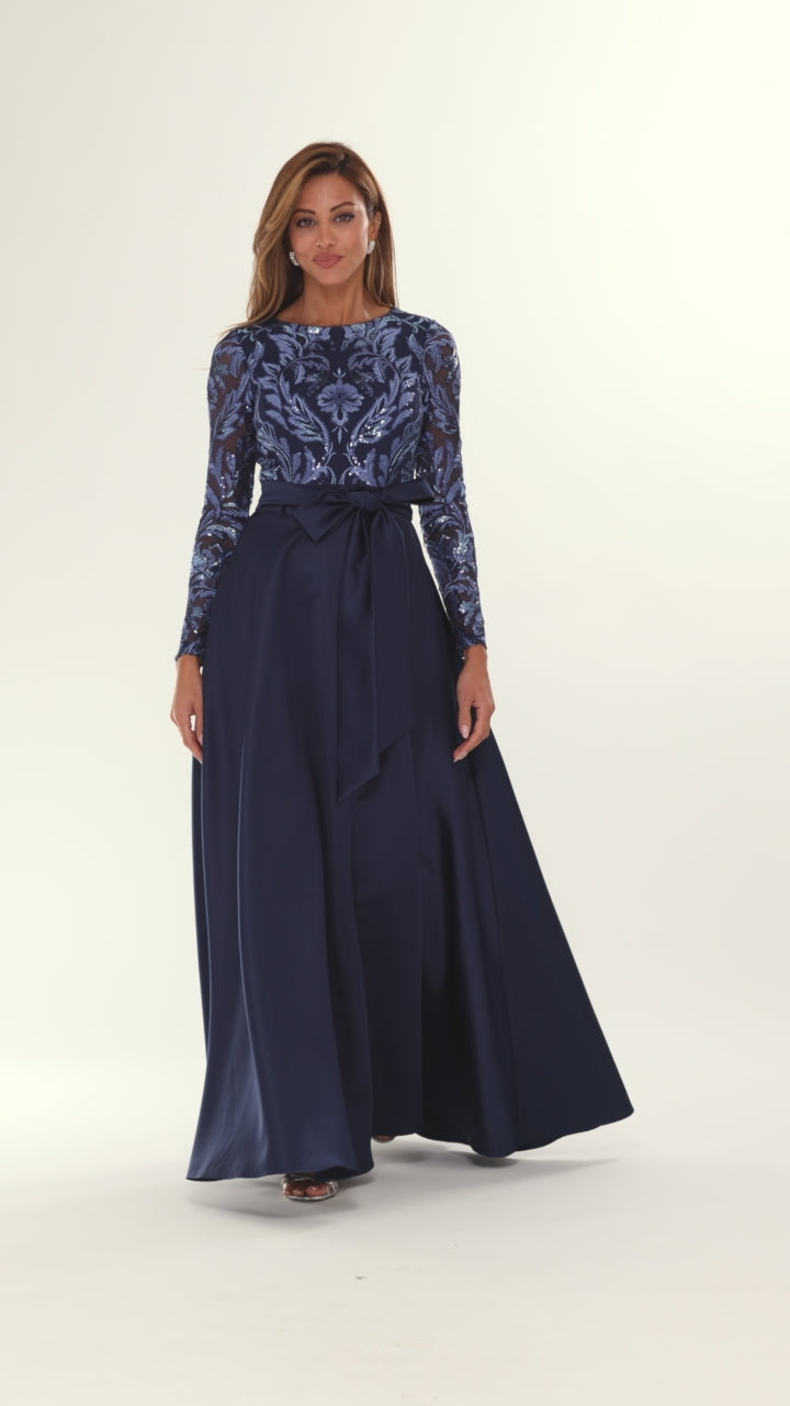 Xscape Evenings "Victoria" Sequin and Satin Long Sleeve Floor Length Dress