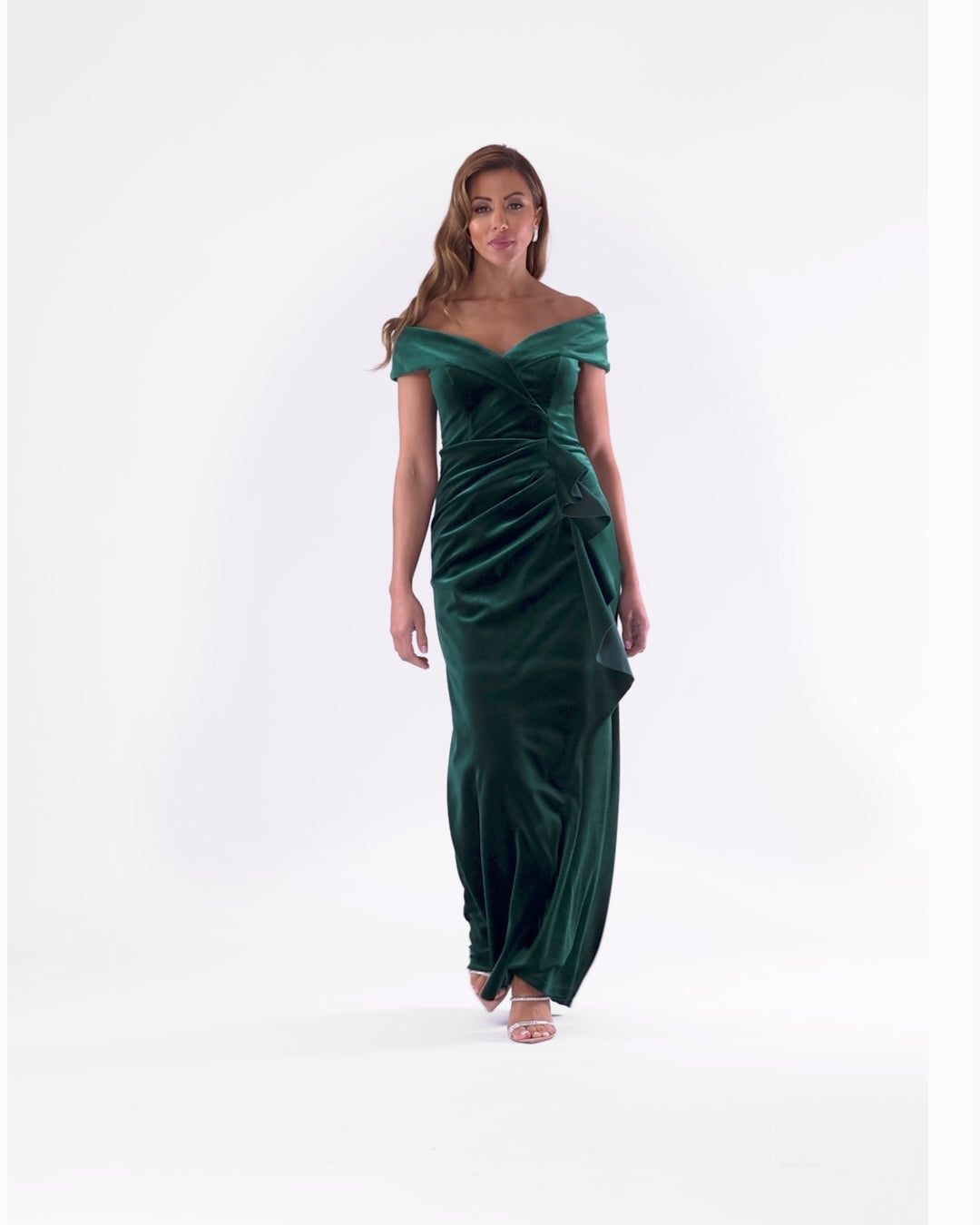 "Alana" Long Off the Shoulder Velvet Ruffle Dress