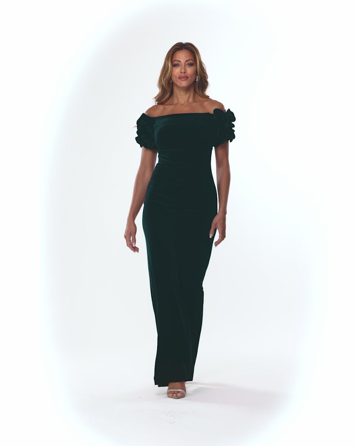 "Rosie" Long Velvet Off the Shoulder Ruffle Sleeve Dress