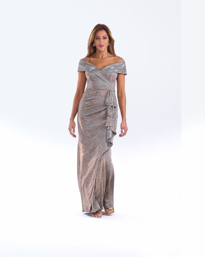 Petite "Raveena" Long Foil Knit Off the Shoulder Floor Length Ruffle Dress