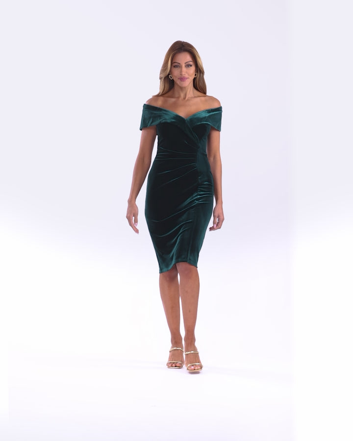 "Felicity" Knee Length Off the Shoulder Ruched Velvet Dress