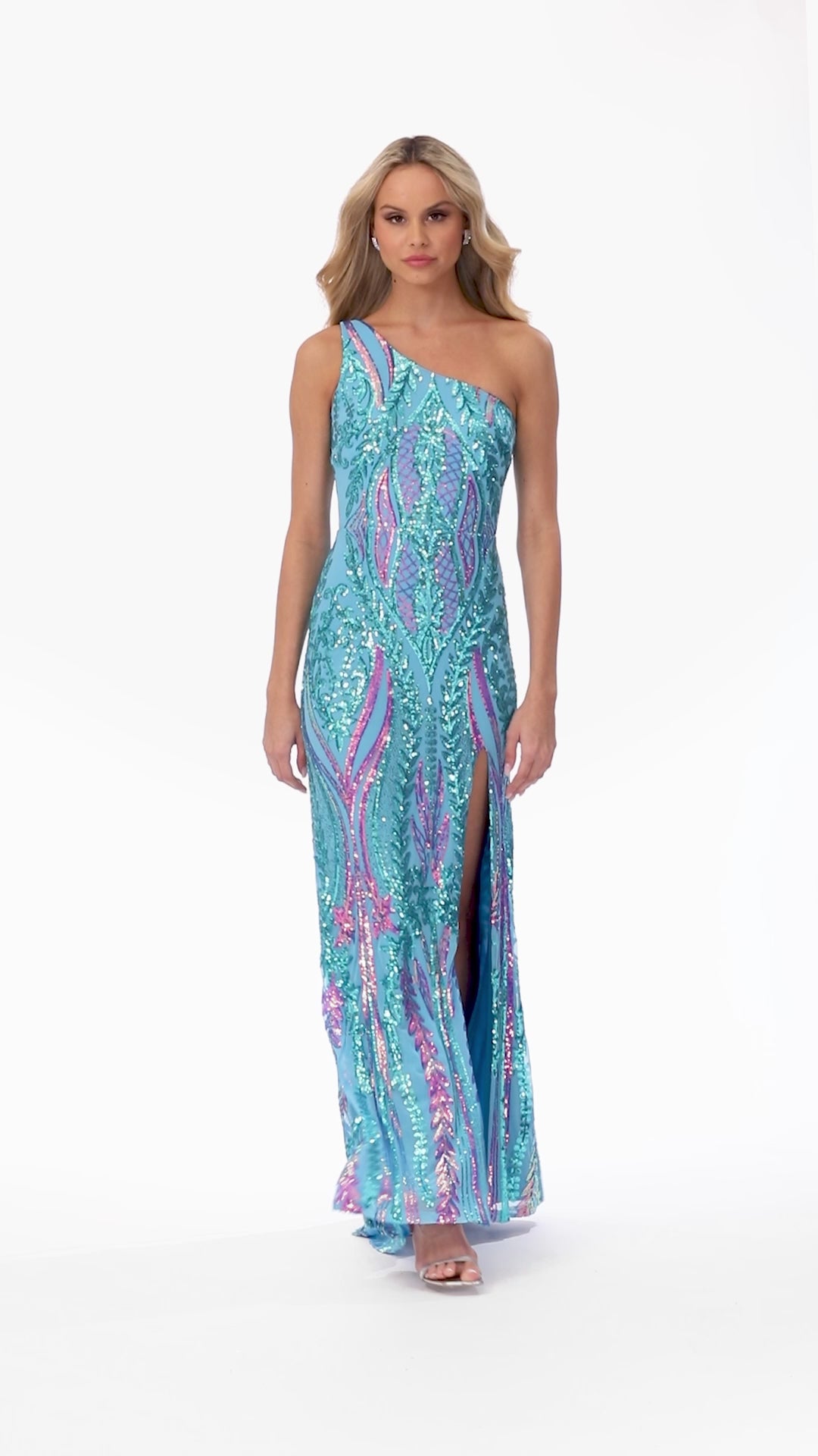 "Terri" Long Placement Sequin One Shoulder Dress