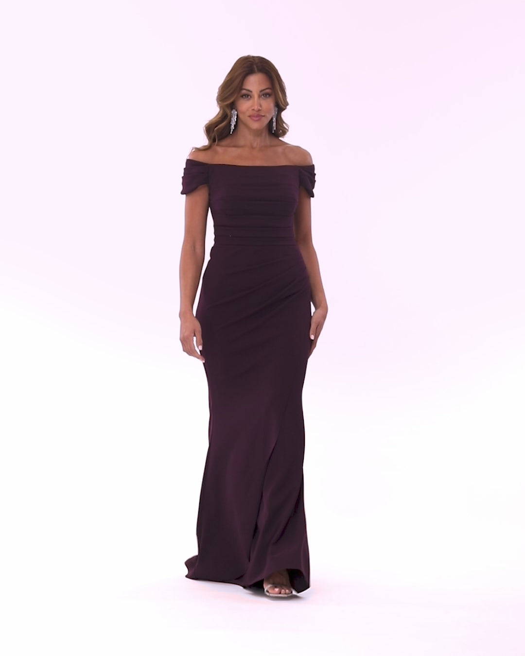 "Dani" Long Scuba Crepe Off the Shoulder Rouched Dress