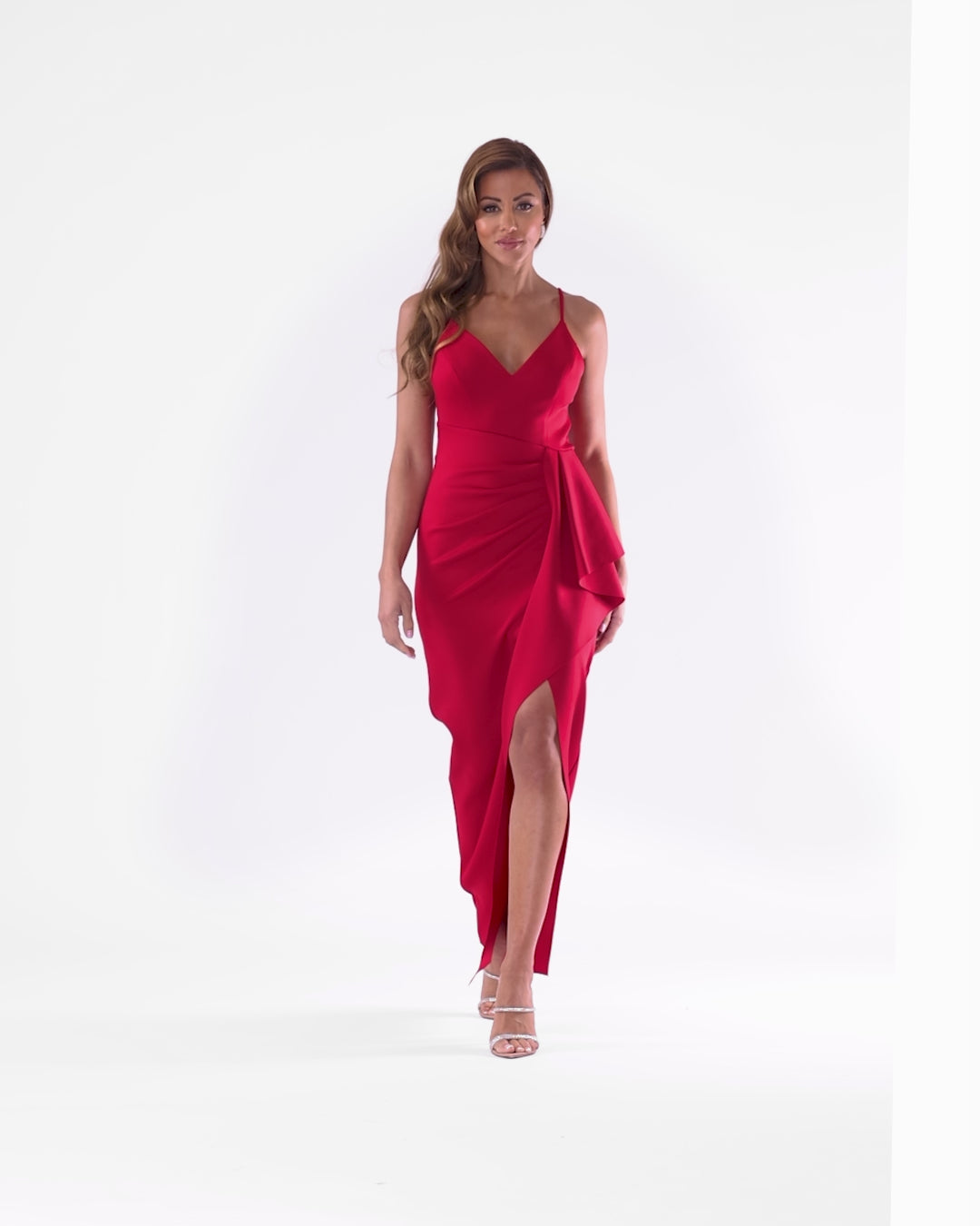 "Tabitha" Long Scuba Crepe Spaghetti Strap Side Ruffle Dress