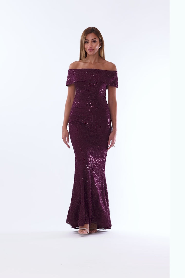 "Angelique" Long Off the Shoulder Sequin Lace Dress