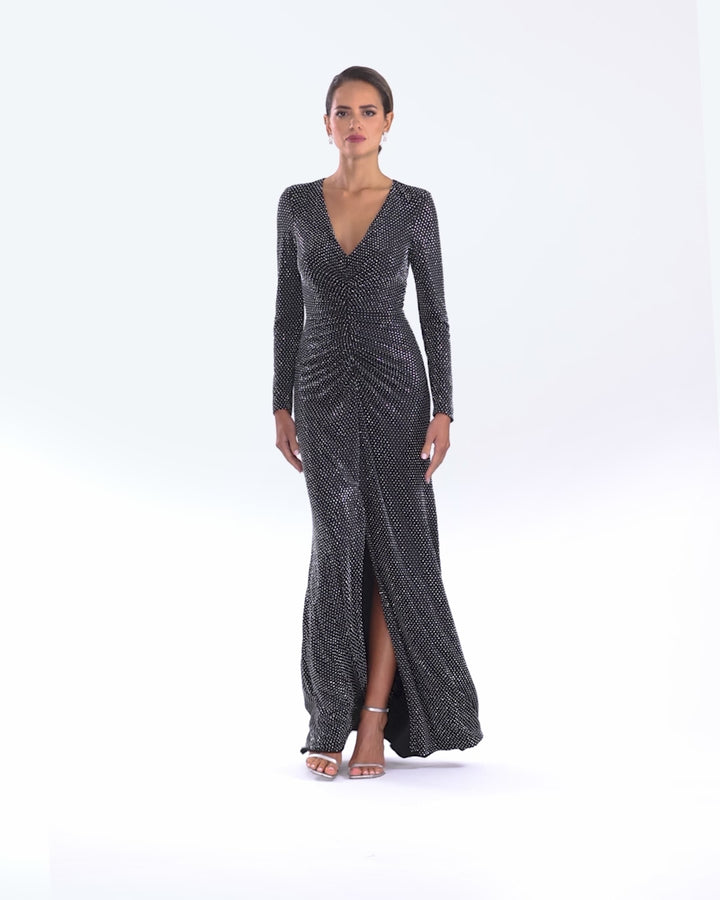 "Devin" Long Rhinestone Jersey Knit V-Neck Dress