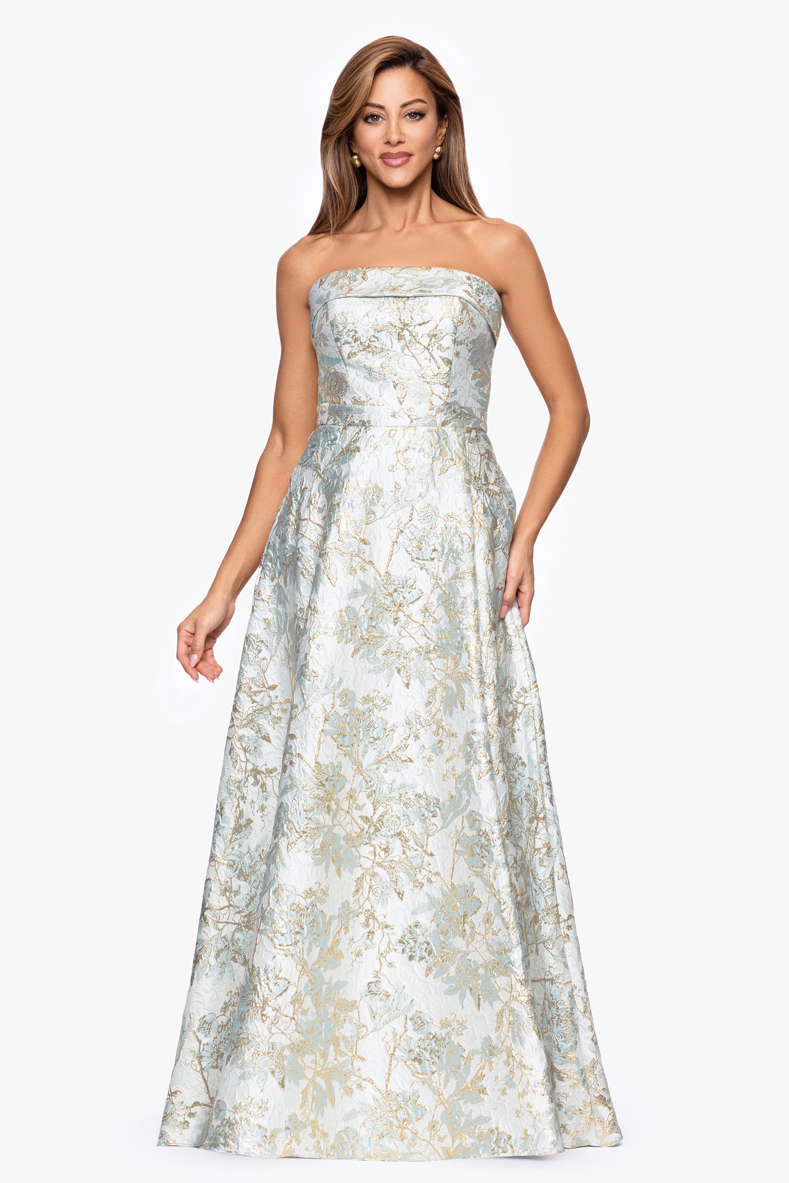Xscape Evenings "Brandy" Brocade Strapless Floor Length Dress