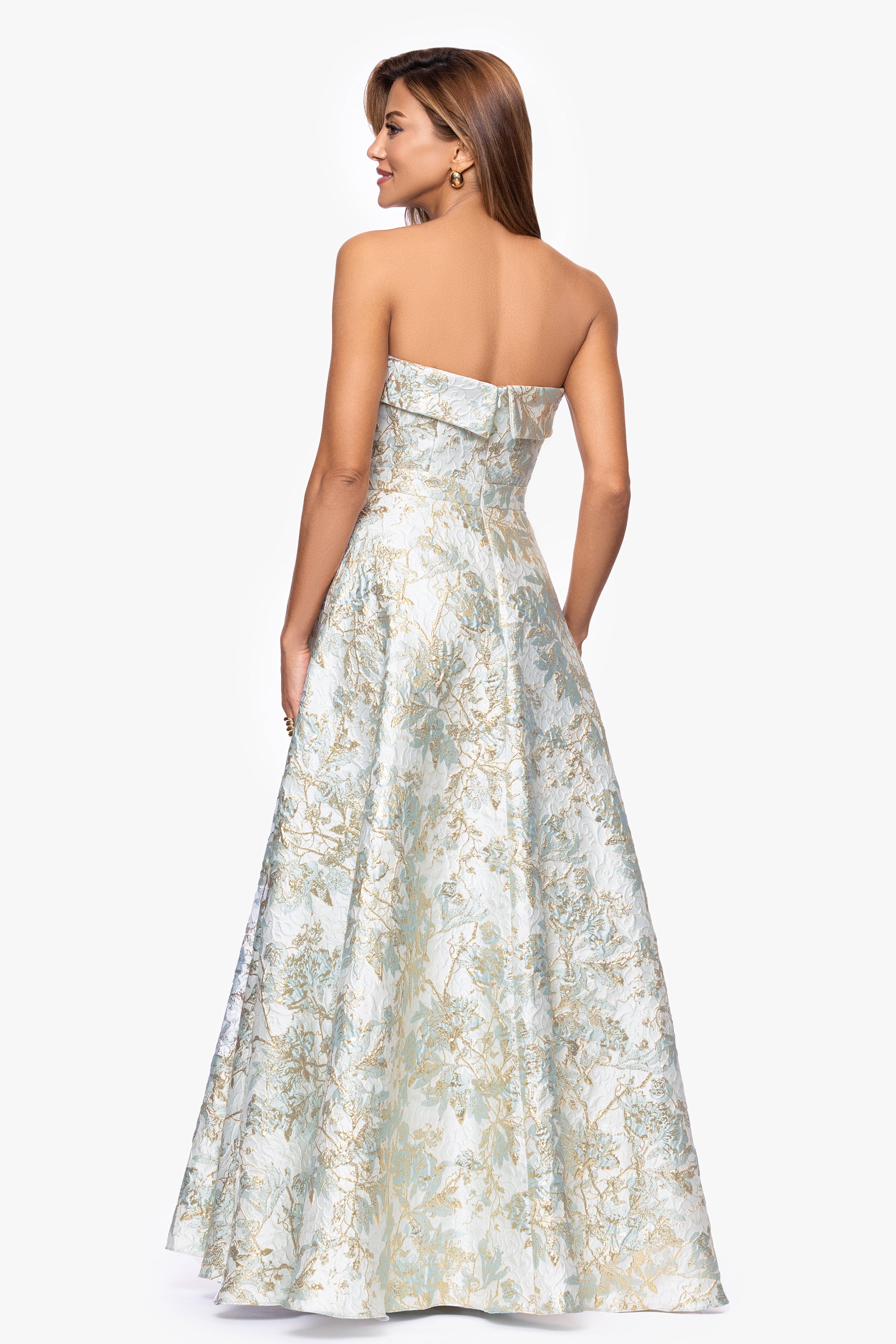Xscape Evenings "Brandy" Brocade Strapless Floor Length Dress