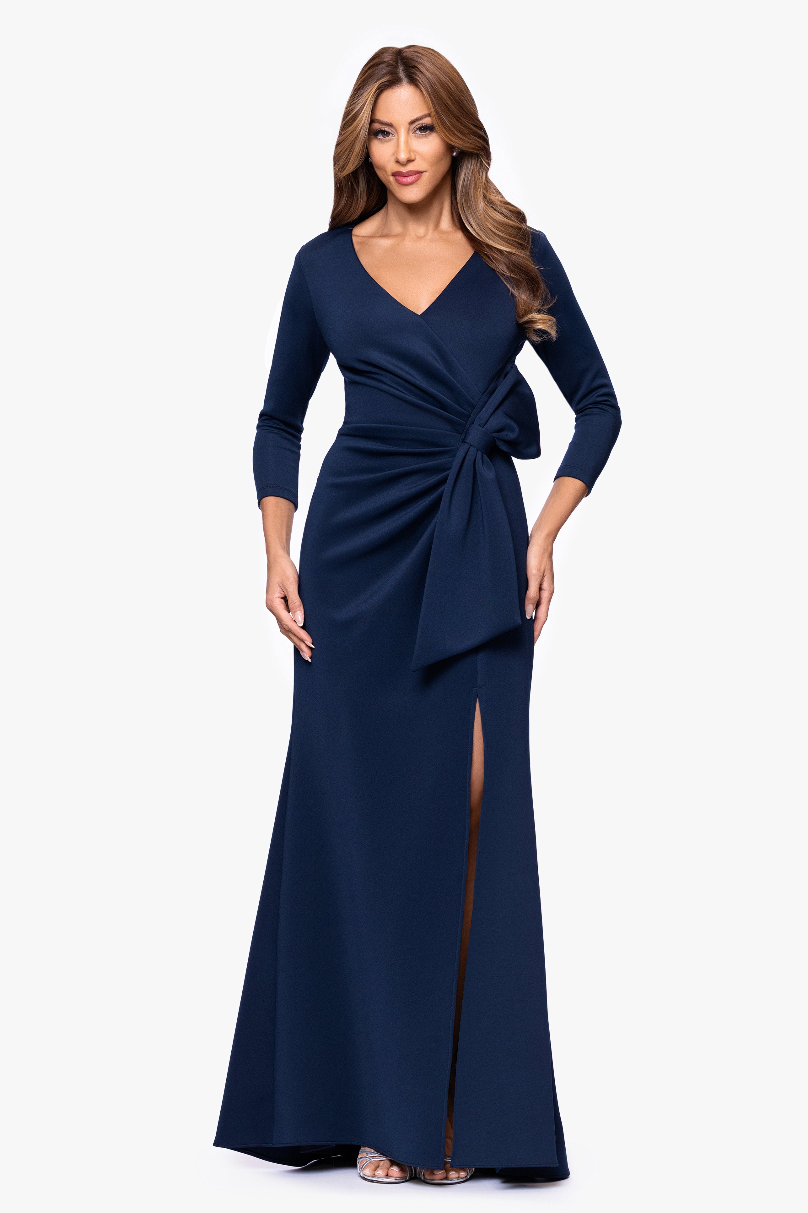 Xscape Evenings "Charlotte" Techno Scuba Long Sleeve Bow Floor Length Dress
