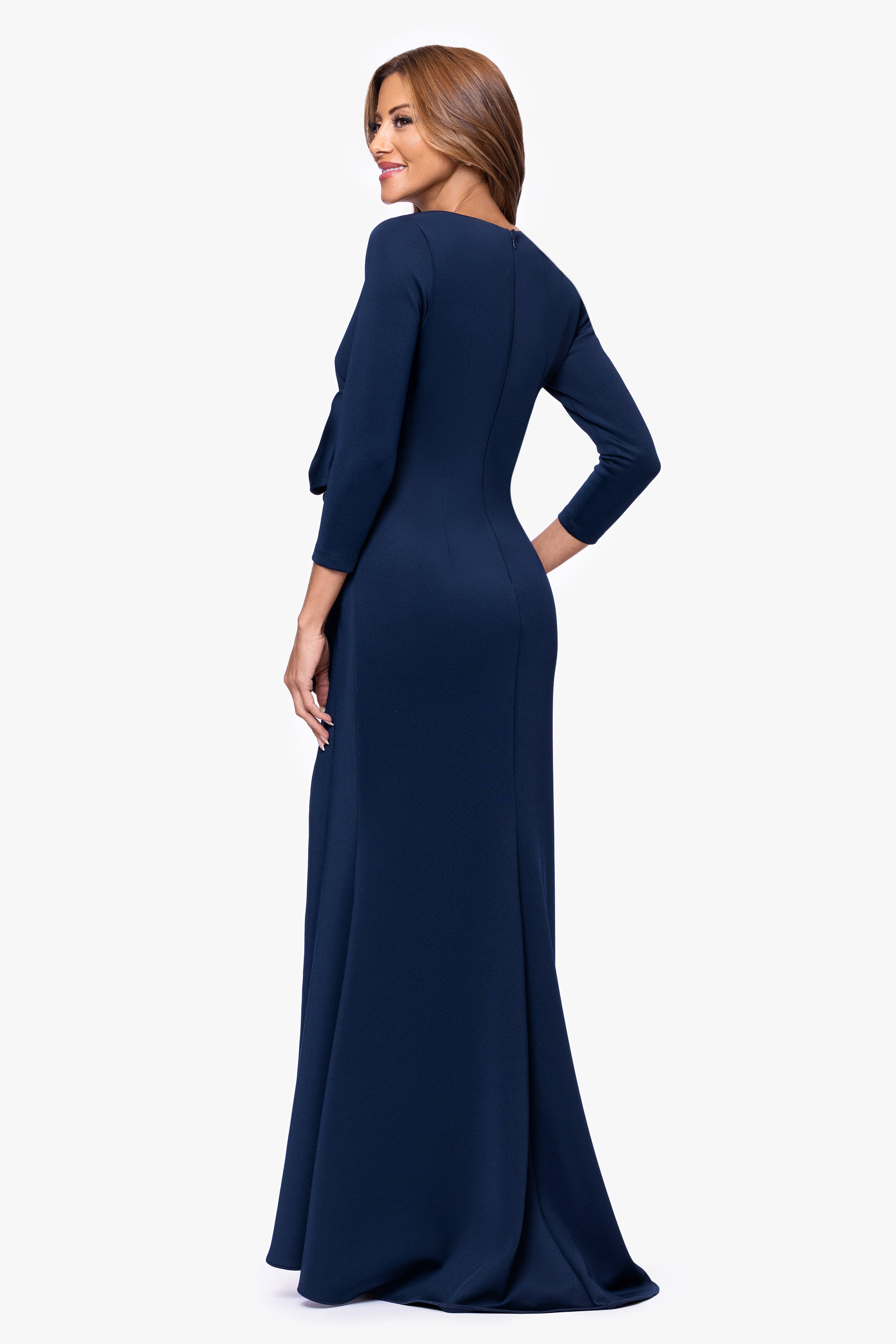 Xscape Evenings "Charlotte" Techno Scuba Long Sleeve Bow Floor Length Dress