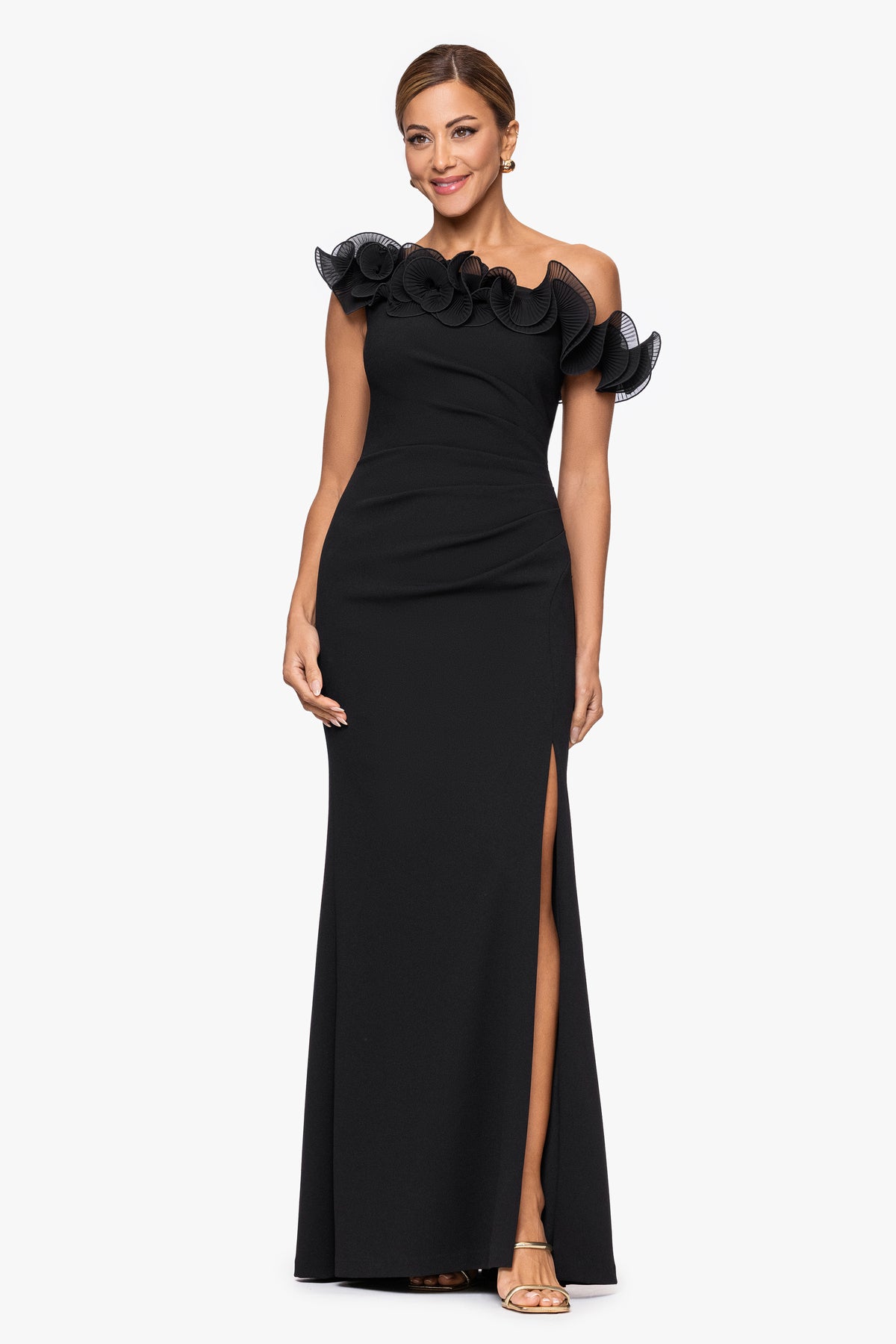 "Delilah" Scuba Crepe Drop Shoulder Chiffon Ruffle Dress