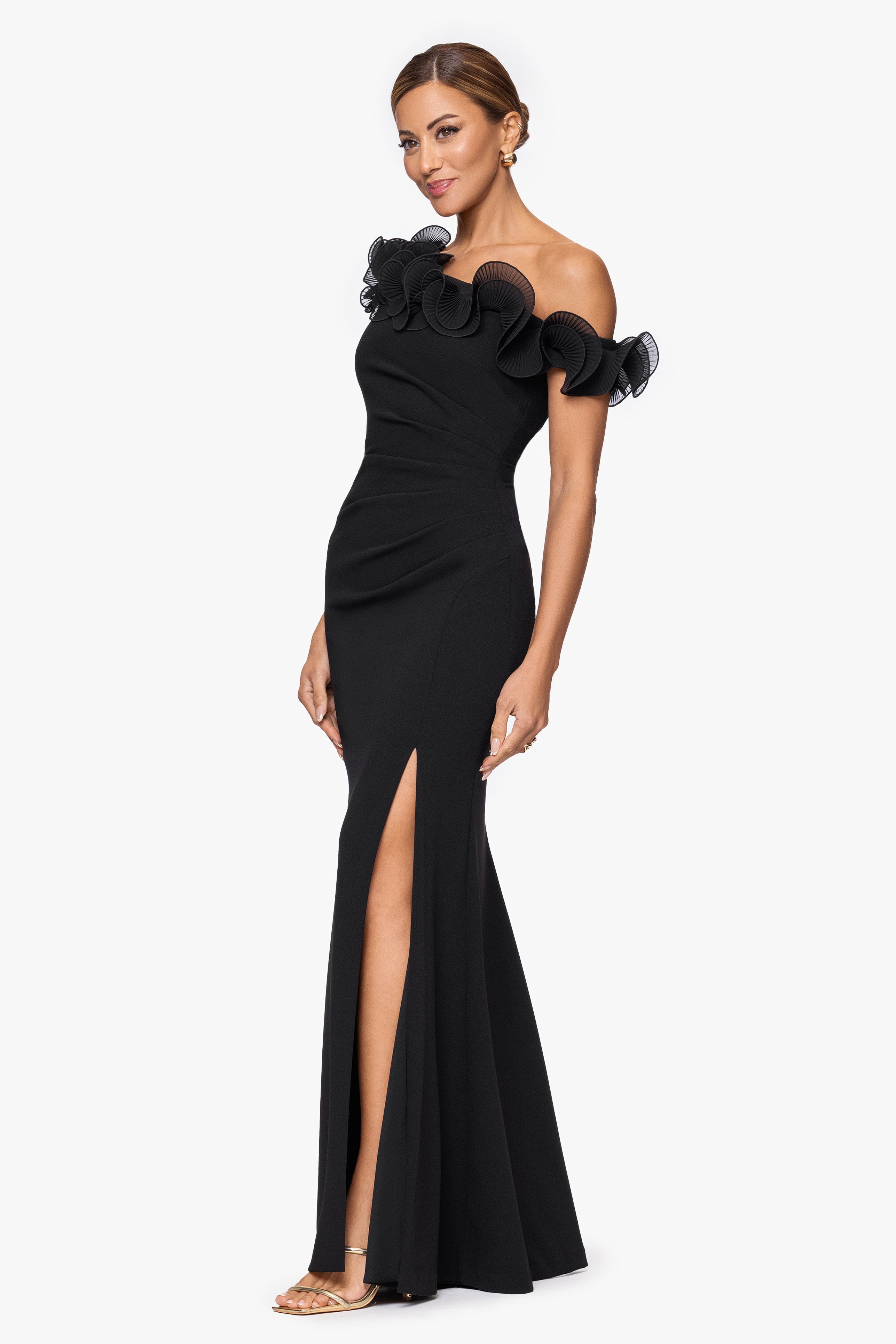 Xscape Evenings "Delilah" Scuba Crepe Drop Shoulder Chiffon Ruffle Floor Length Dress