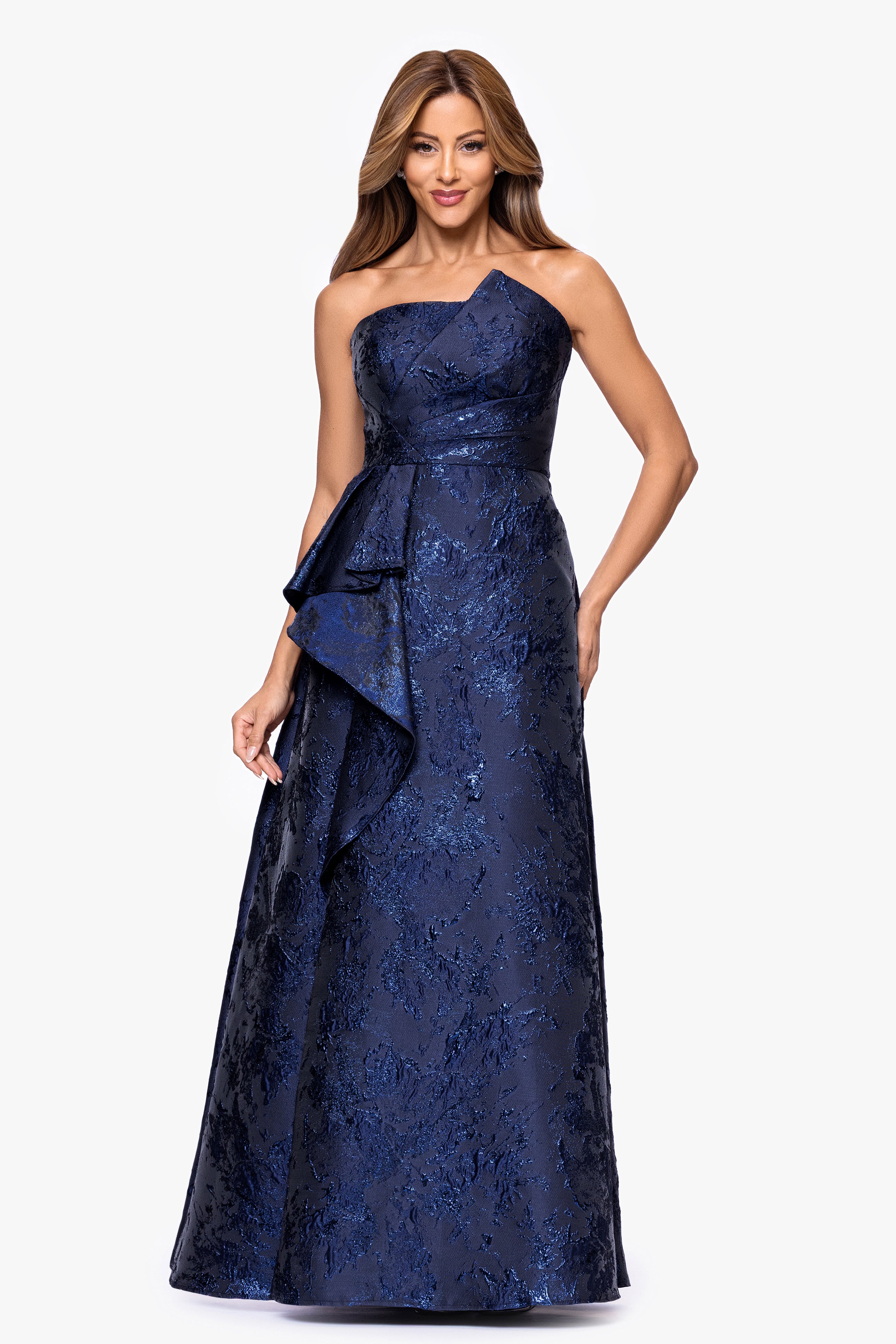 Xscape Evenings "Emelia" Brocade Strapless Ruffle Floor Length Dress