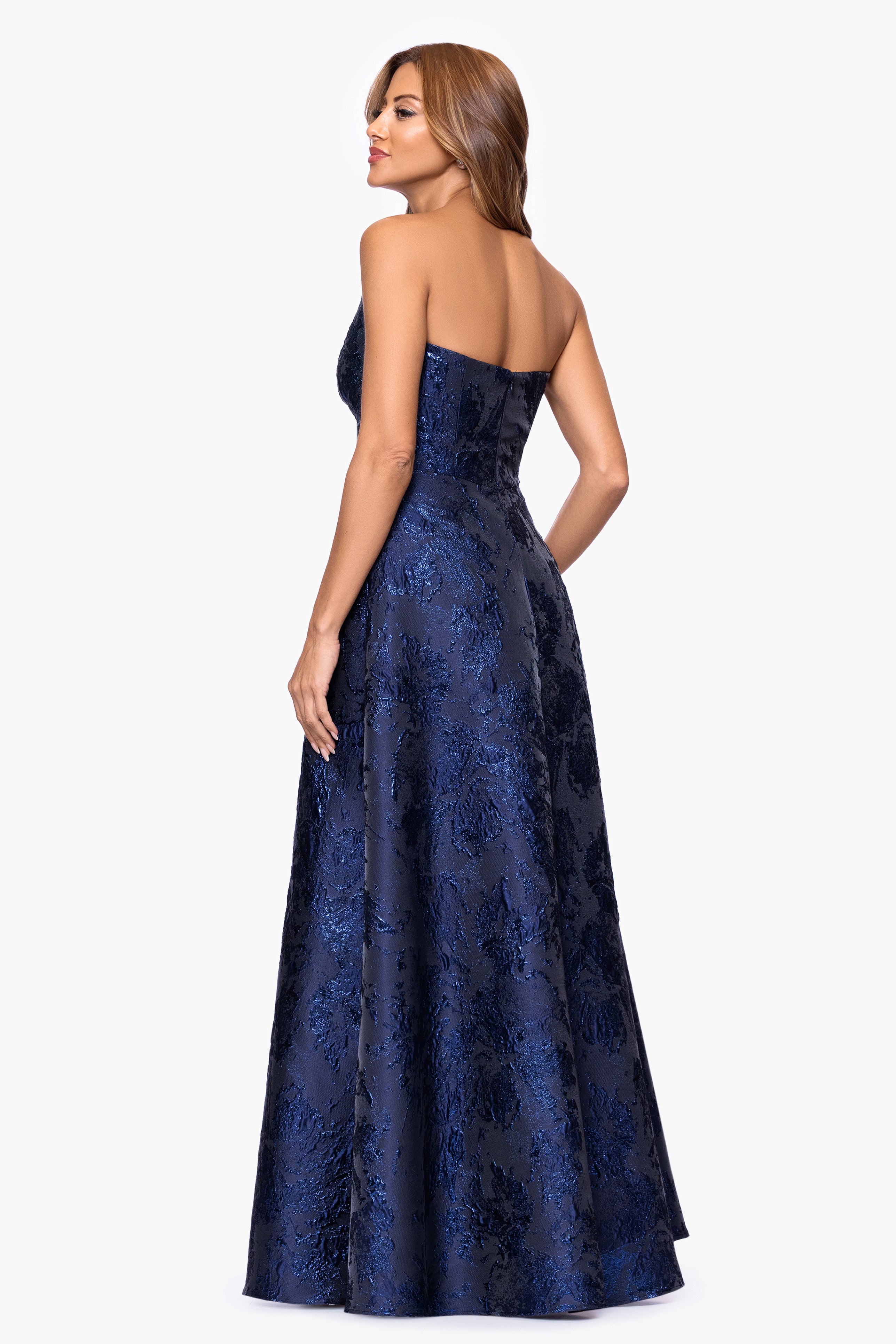 Xscape Evenings "Emelia" Brocade Strapless Ruffle Floor Length Dress