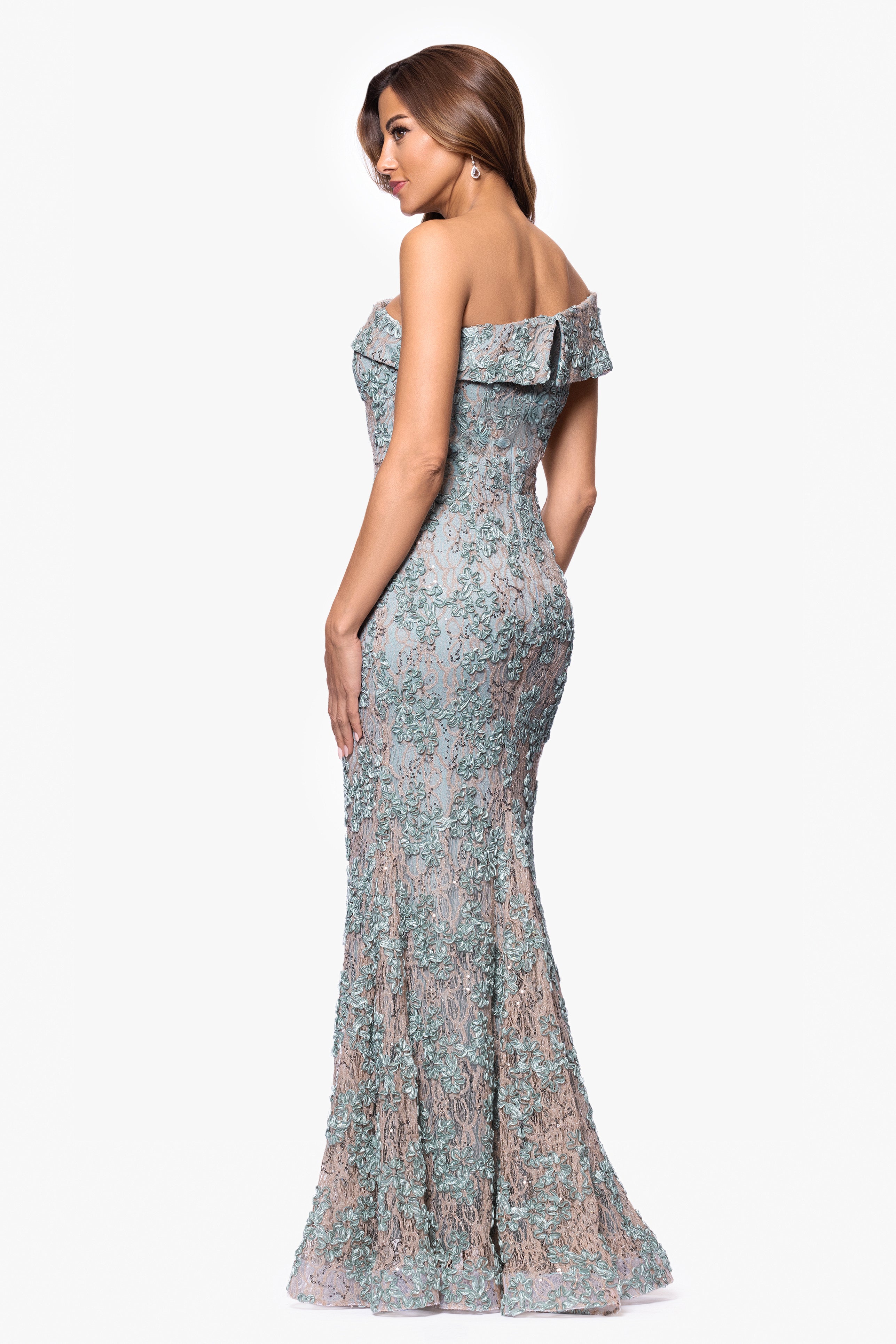 Xscape Evenings "Ginny" Soutache Lace Off the Shoulder Floor Length Dress