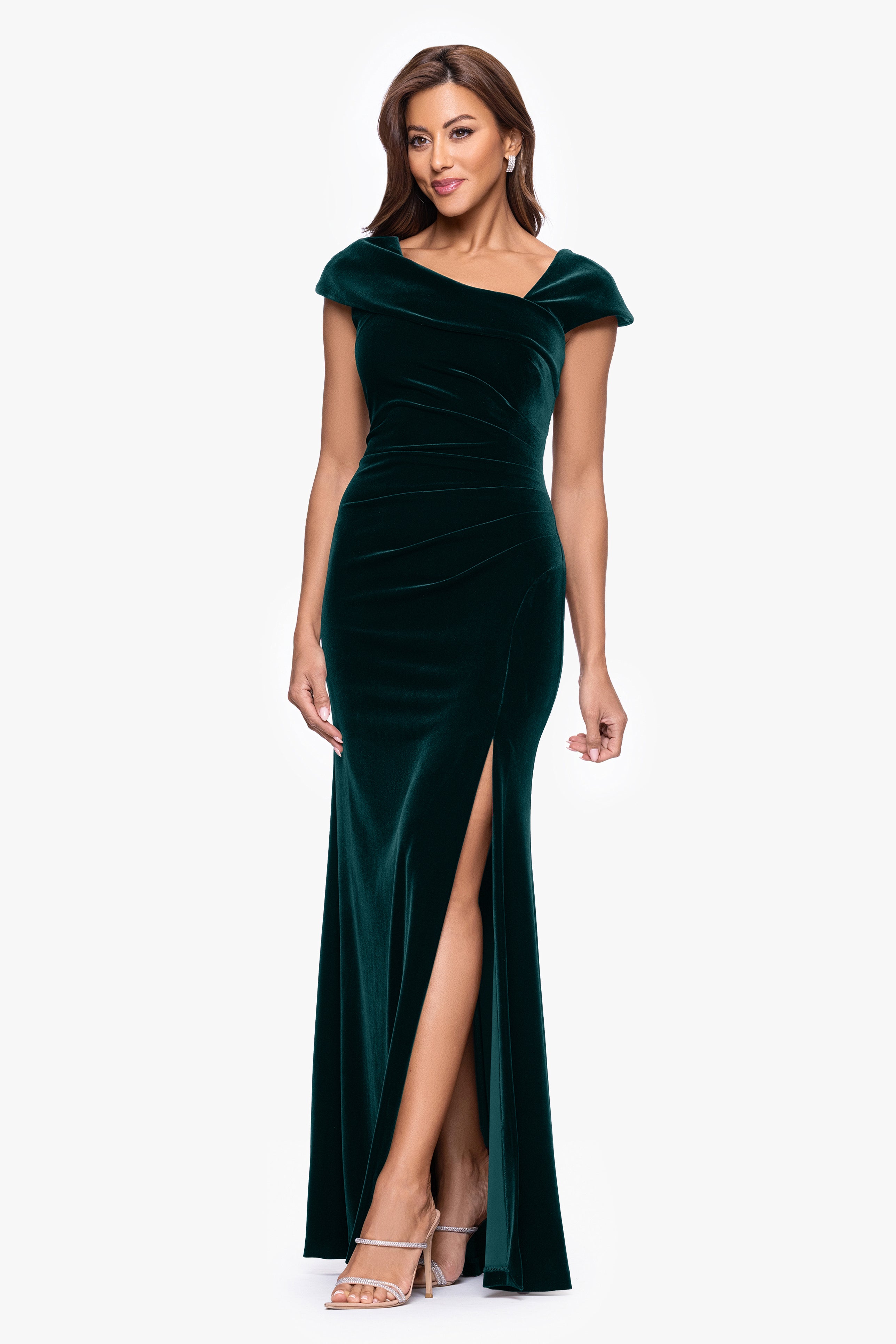 Xscape Evenings "Katrina" Velvet Asymmetrical Neckline Cap Sleeve Floor Length Dress